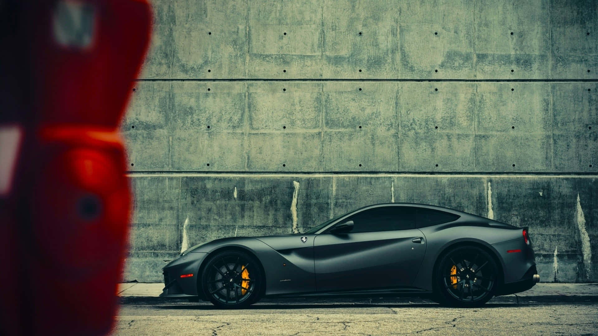 Ferrari F12 Berlinetta, matte black, weathered concrete wall, Full HD Desktop Wallpaper