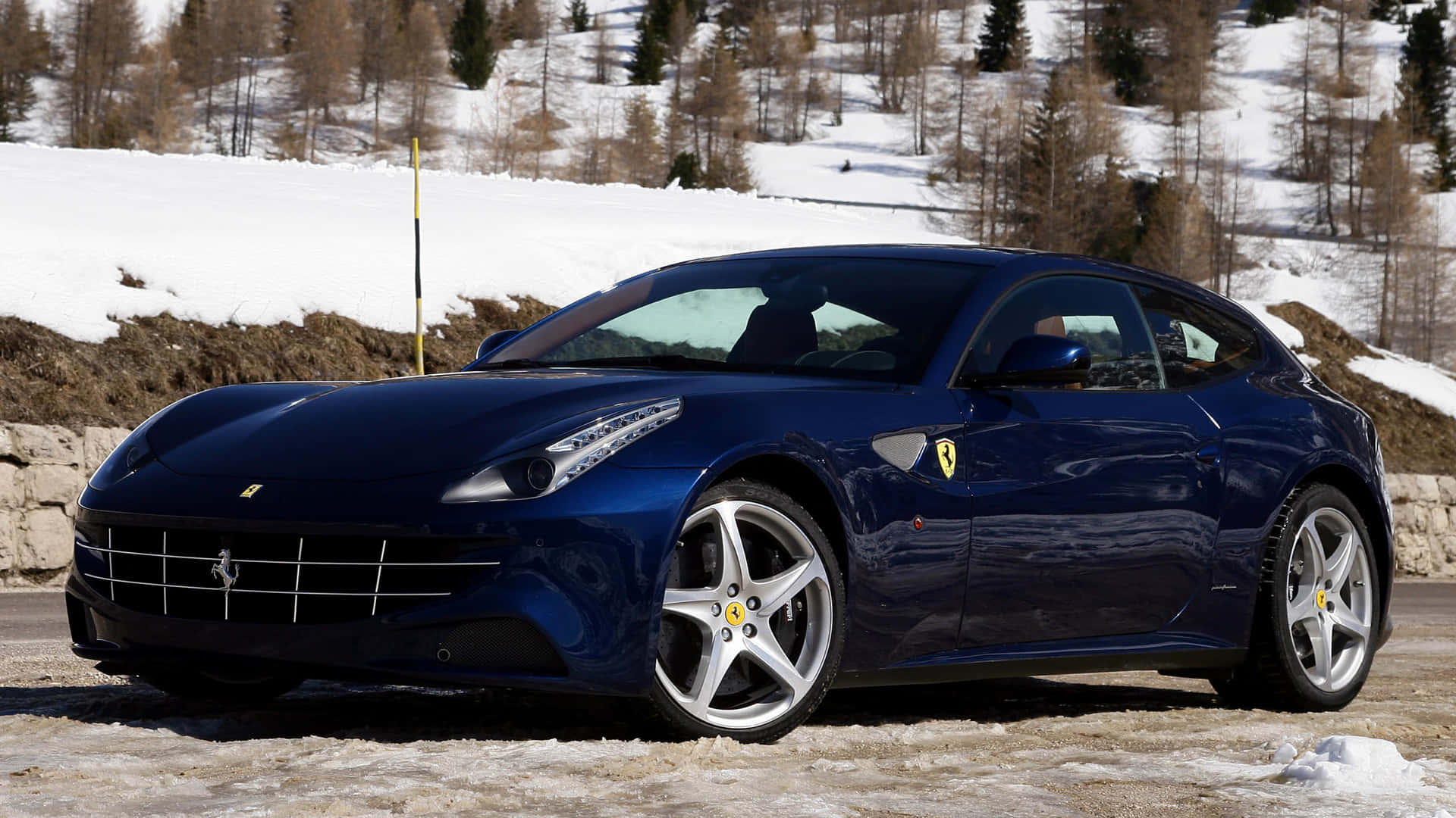 Ferrari FF, sleek blue, snowy roadside, Full HD Desktop Wallpaper
