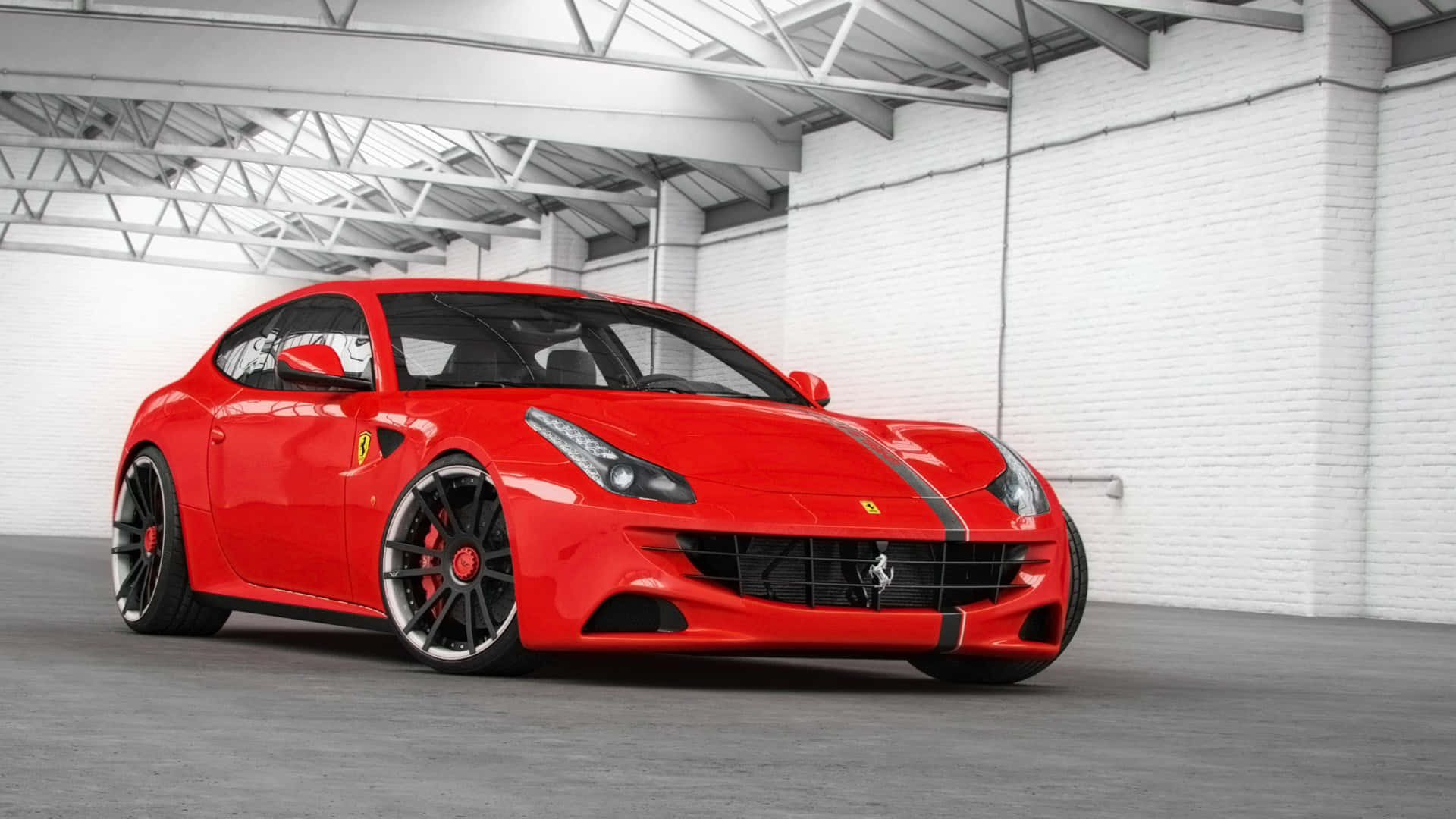 Ferrari FF, glossy red, black racing stripes, Full HD Desktop Wallpaper