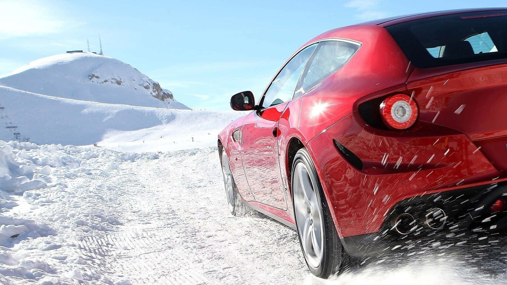 Ferrari FF, glossy red, snowy mountain road, Full HD Desktop Wallpaper