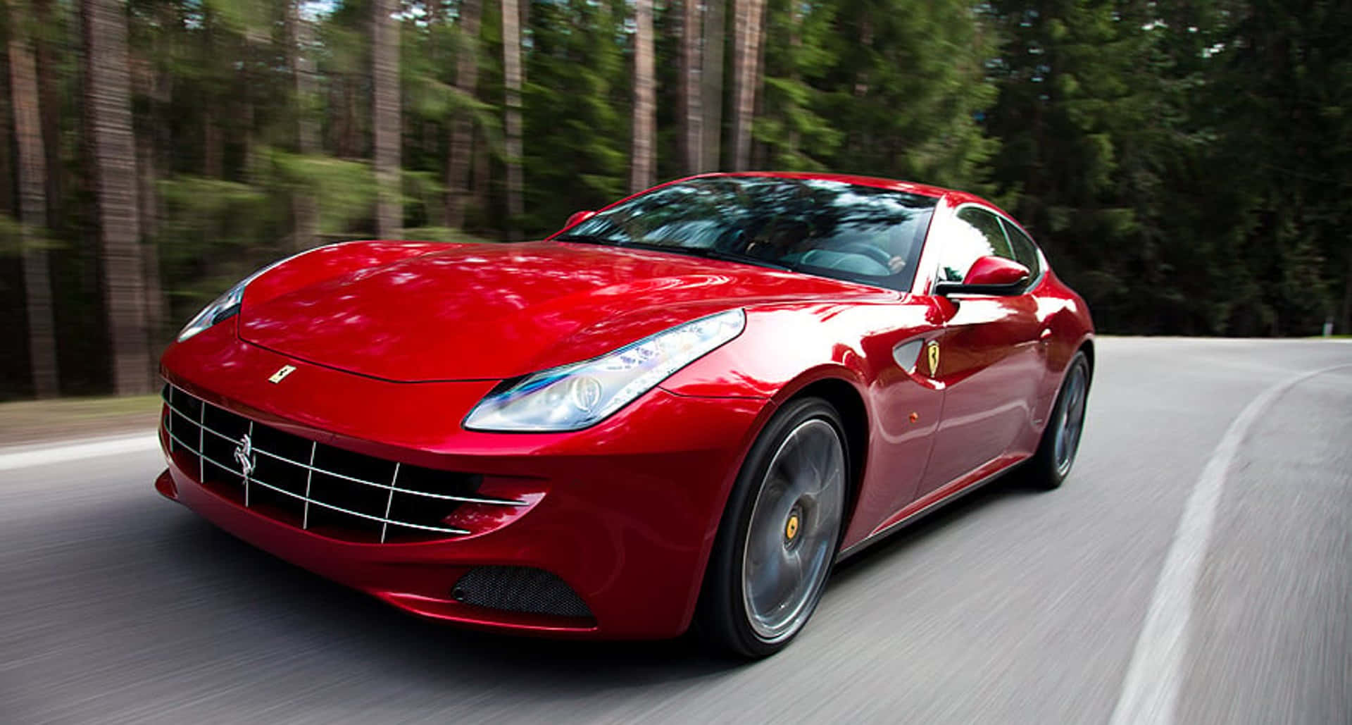 Ferrari FF, vibrant red, winding forest road, Full HD Desktop Wallpaper