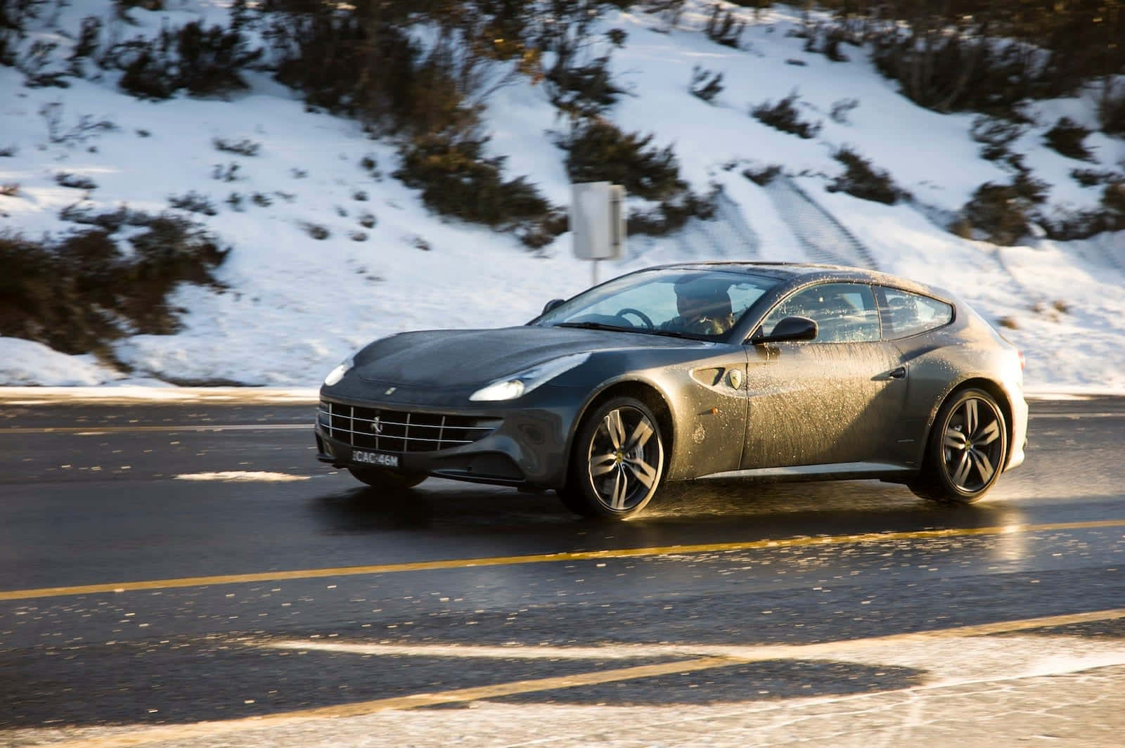 Ferrari FF, gray, snowy mountain road, HD Desktop Wallpaper