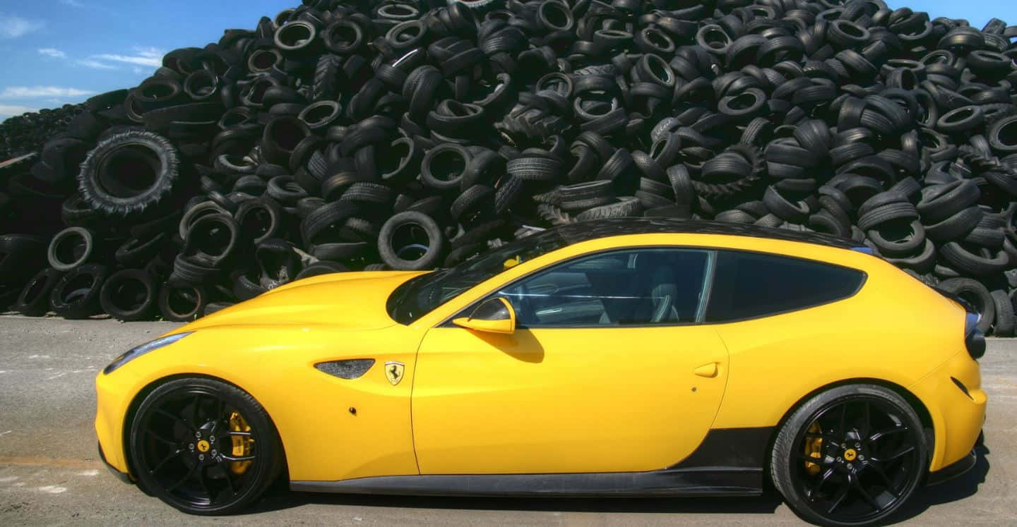 Ferrari FF, vibrant yellow, discarded black tires, HD Desktop Wallpaper