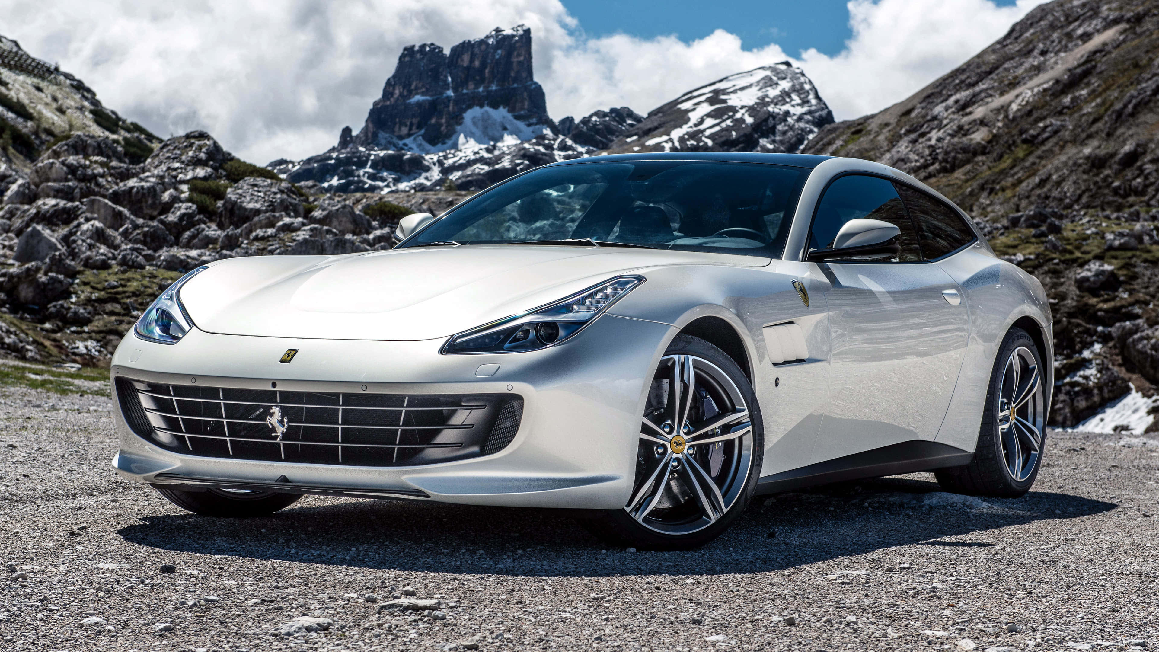 Ferrari GTC4Lusso, silver, gravel mountain road, 4K Desktop Wallpaper