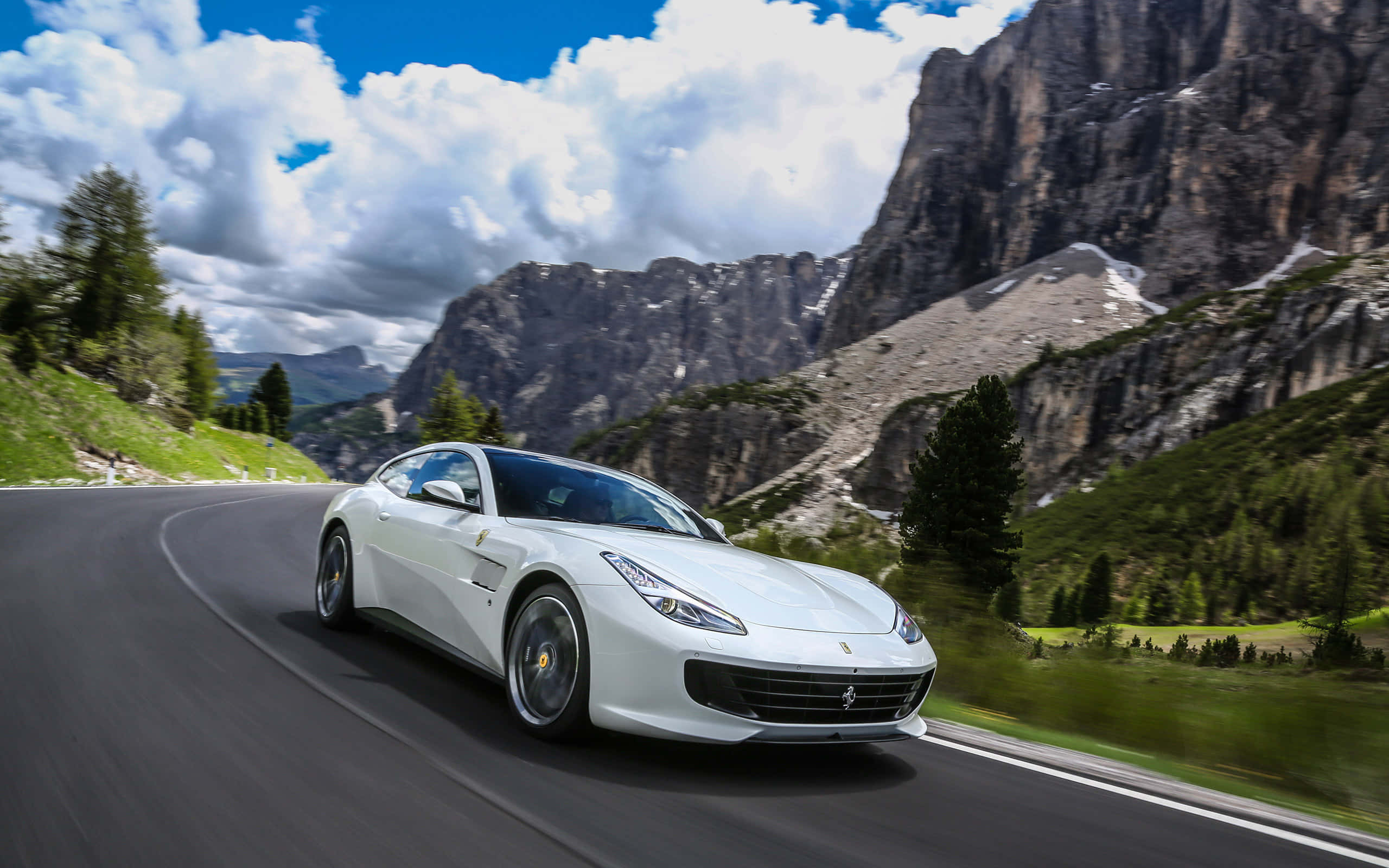 Ferrari GTC4Lusso, white, winding mountain road, 2K Desktop Wallpaper