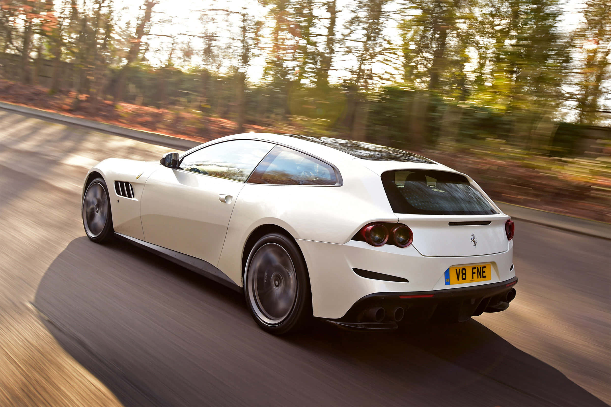 Ferrari GTC4Lusso, white, forest-lined road, Full HD Desktop Wallpaper