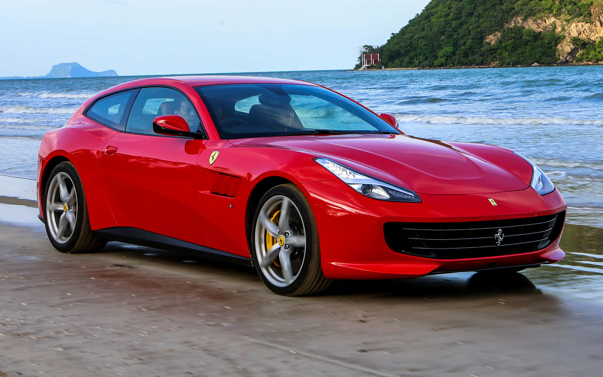 Ferrari GTC4Lusso, glossy red, wet sandy beach, Full HD Desktop Wallpaper