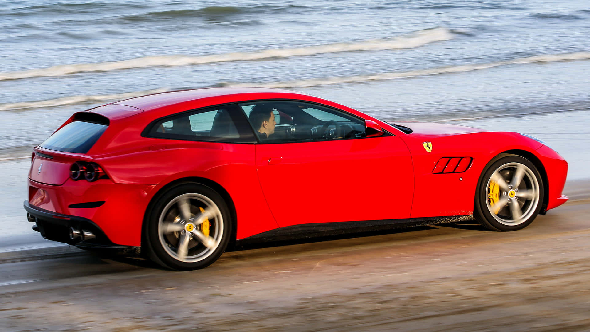 Ferrari GTC4Lusso, vibrant red, wet sandy beach, Full HD Desktop Wallpaper