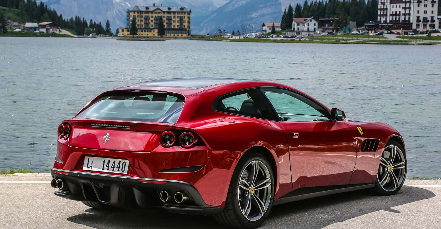 Ferrari GTC4Lusso, glossy red, serene lake, HD Desktop Wallpaper
