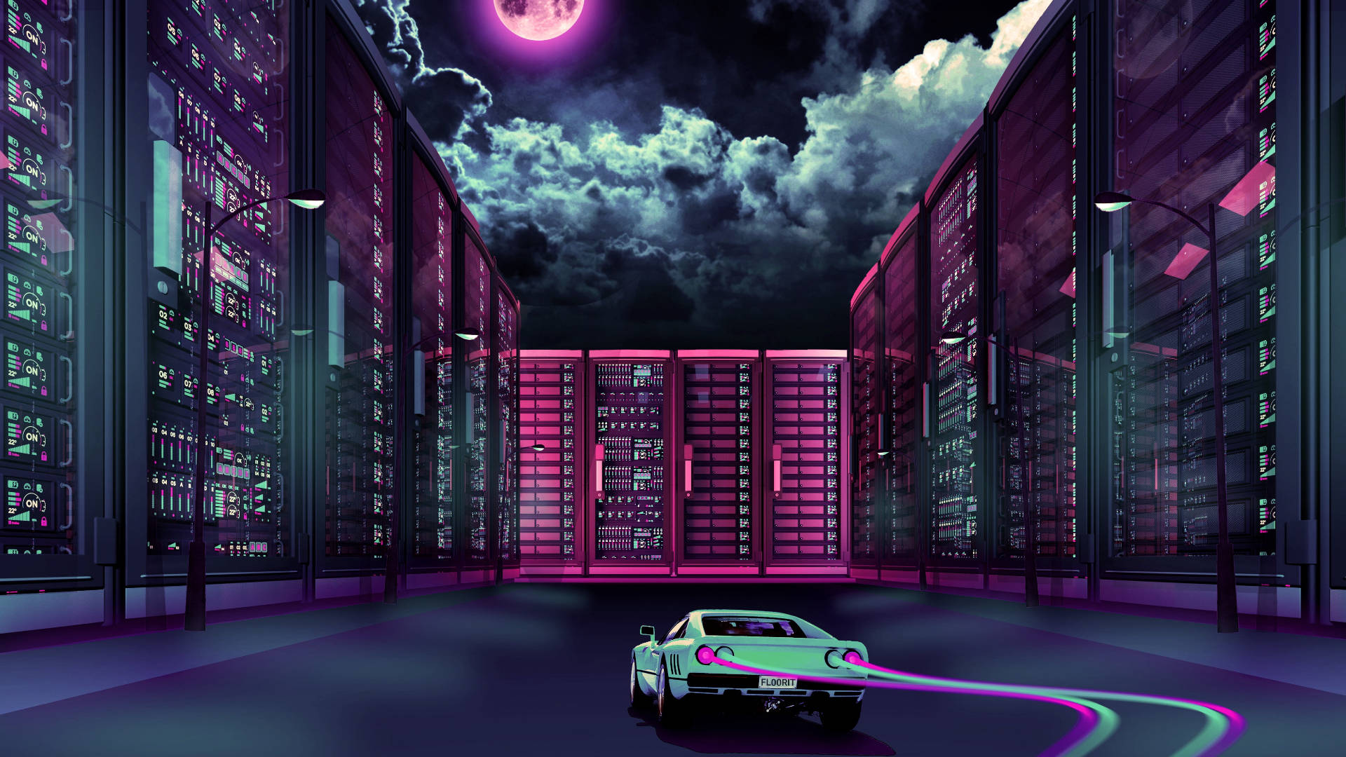 vaporwave aesthetic, neon-lit futuristic city street, glowing green sports car, Full HD Desktop Wallpaper