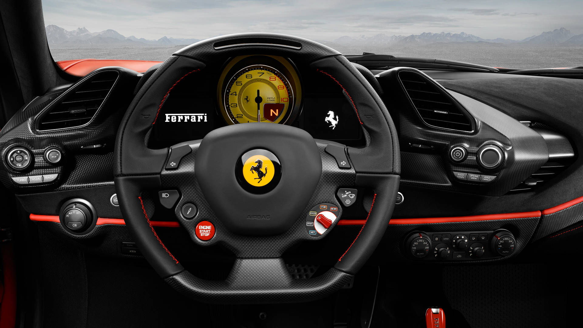 Ferrari, black carbon fiber interior, red stitching, Full HD Desktop Wallpaper