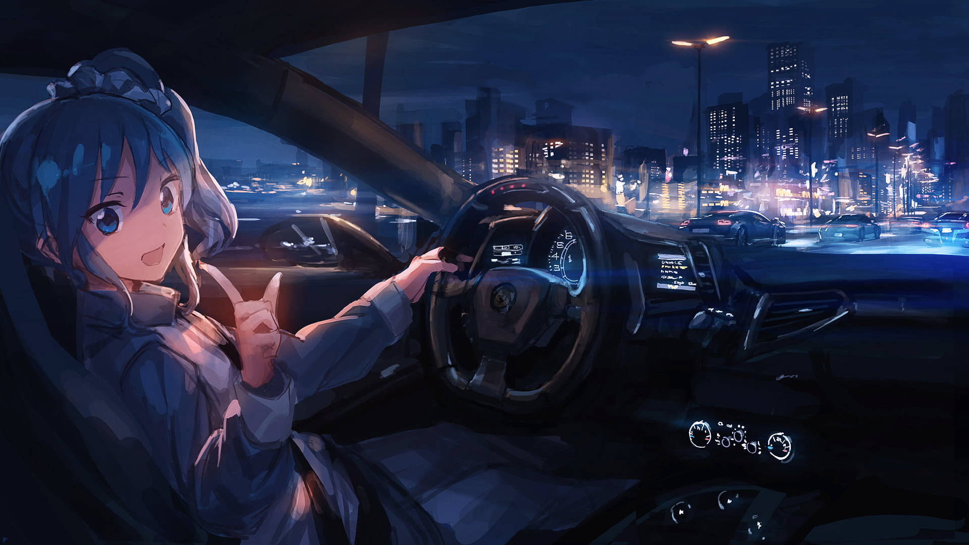 anime girl, sleek car, neon-lit cityscape, Full HD Desktop Wallpaper