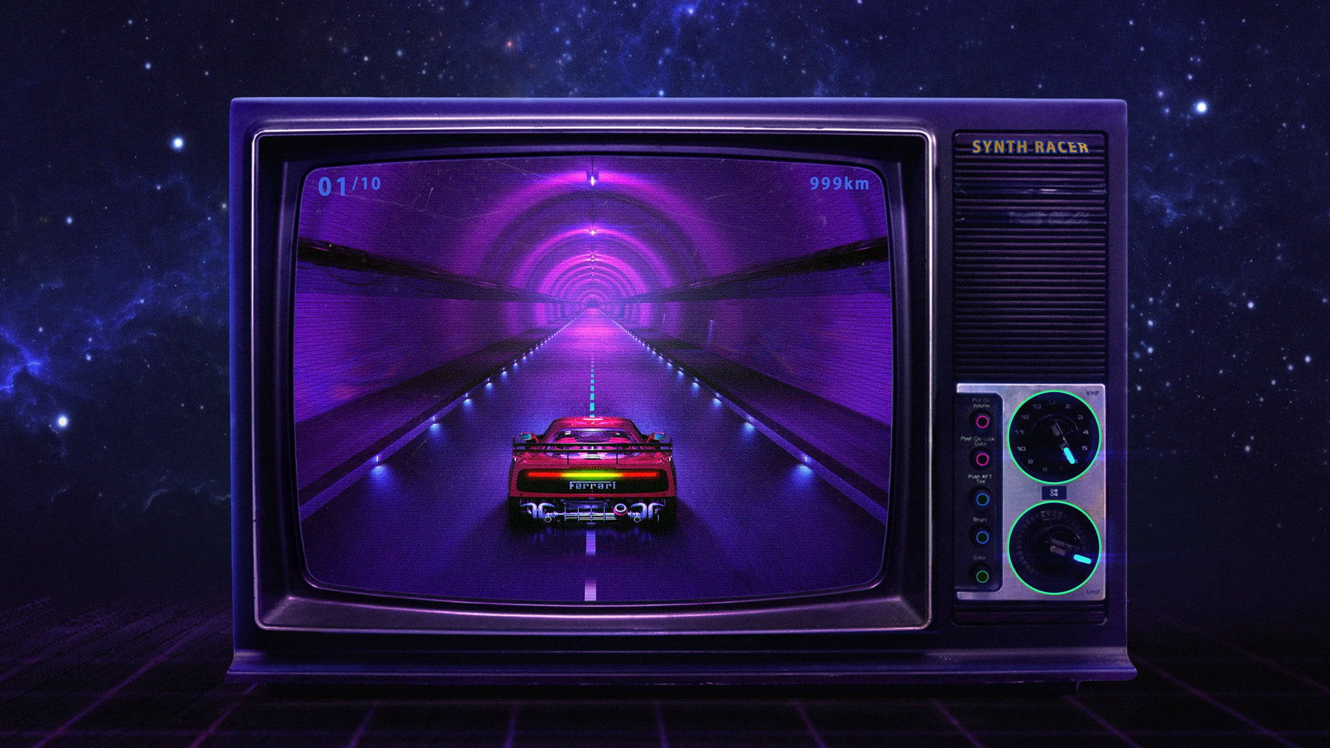 Ferrari iPad, neon-lit racing game, red car, Full HD Desktop Wallpaper