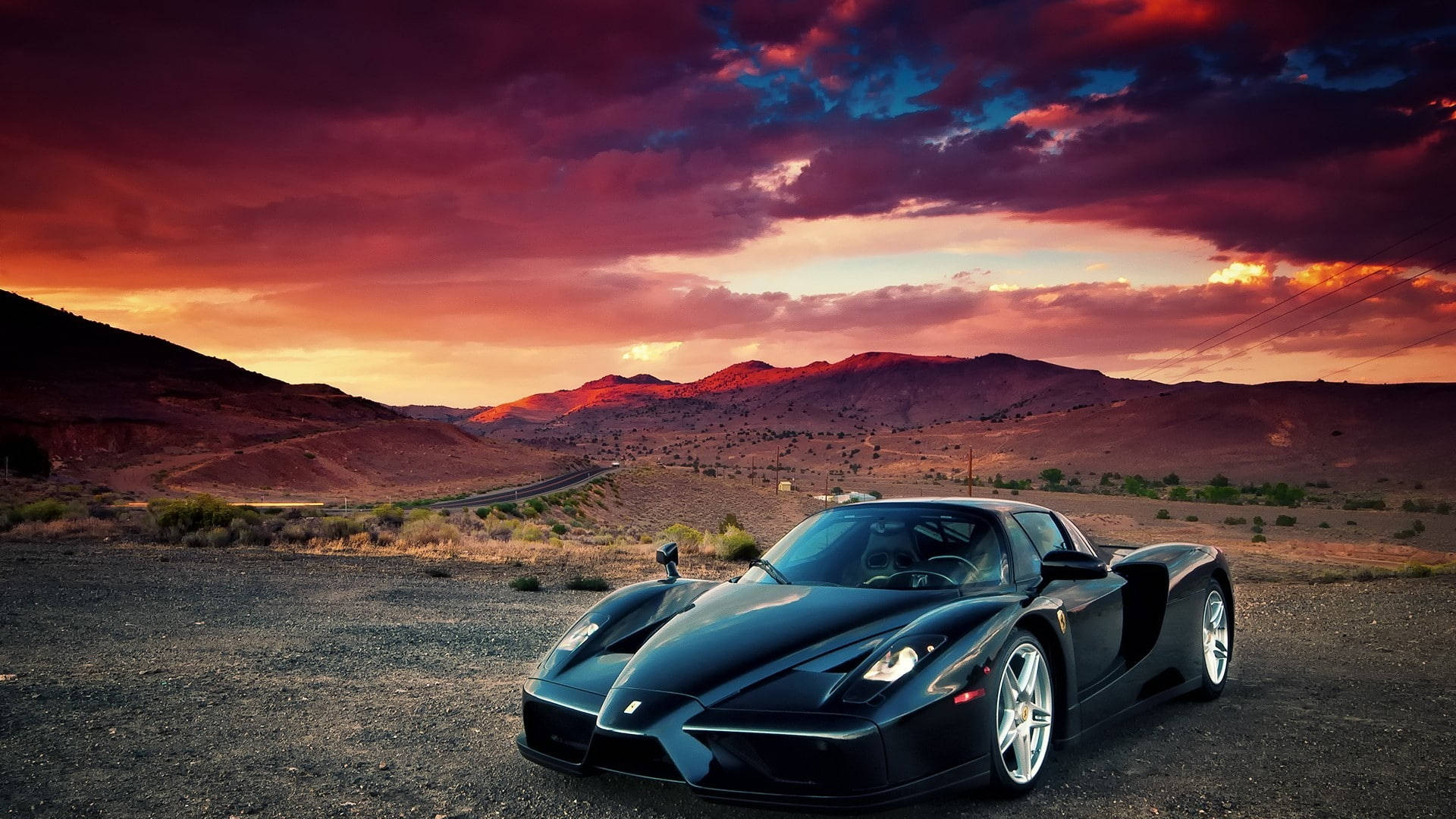 Black Ferrari, barren land, gravel plain, Full HD Desktop Wallpaper