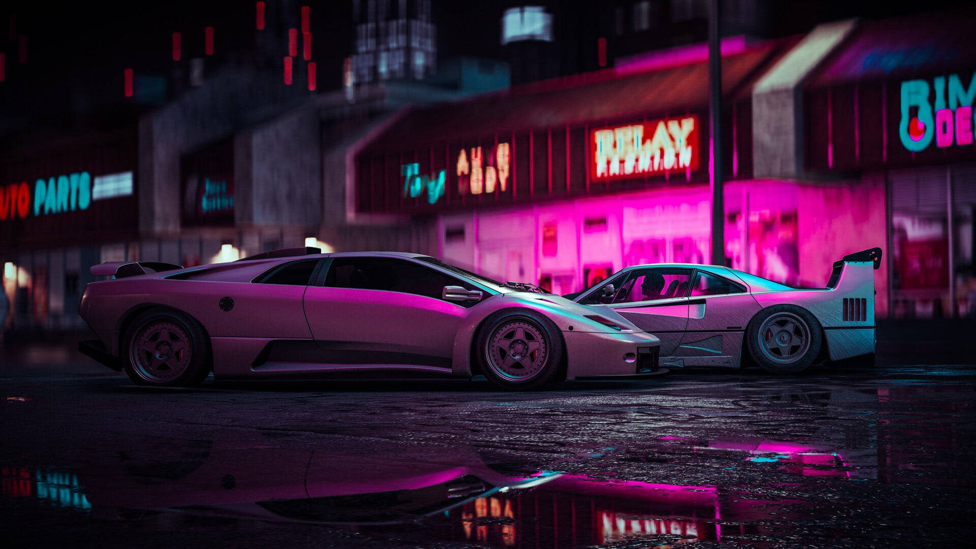 silver ferrari ipad, neon lights, wet city street, Full HD Desktop Wallpaper