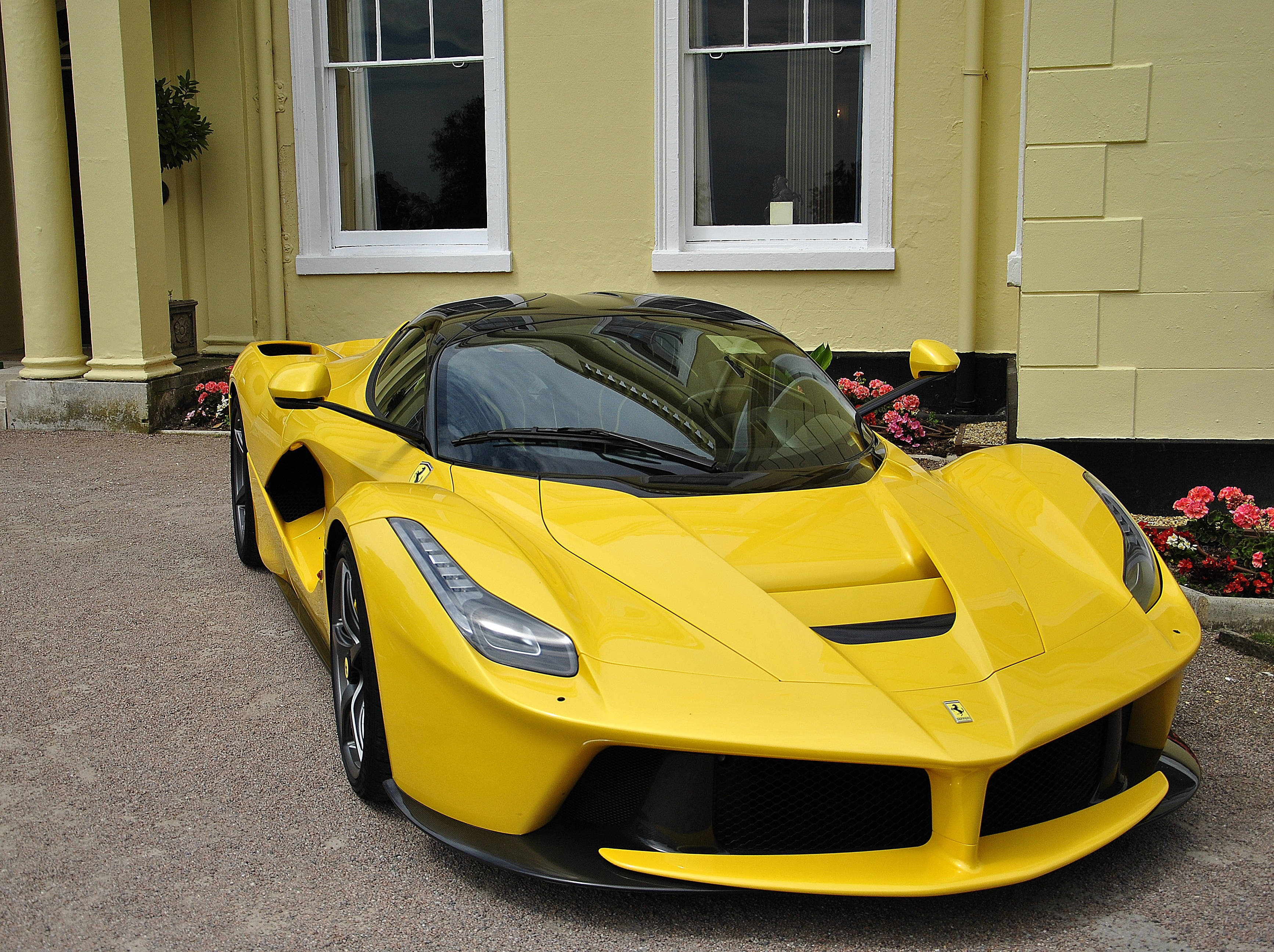 Ferrari LaFerrari, yellow, gravel driveway, 2K Desktop Wallpaper