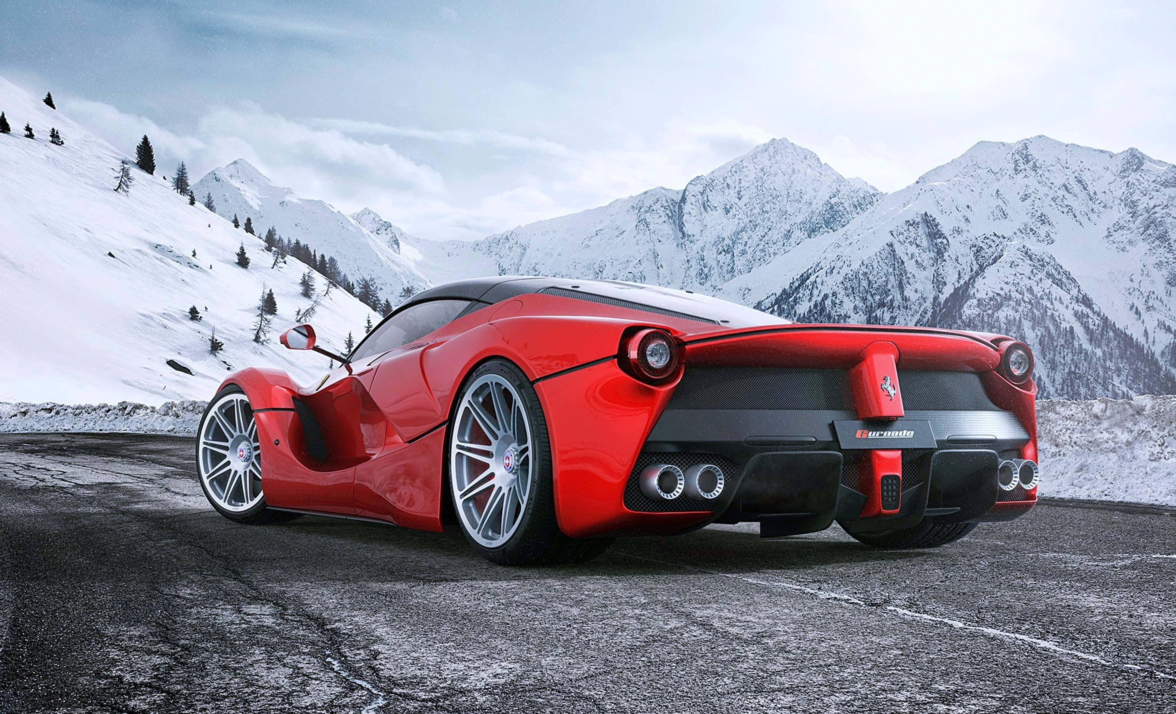 Ferrari LaFerrari, vibrant red, snowy mountain road, 2K Desktop Wallpaper