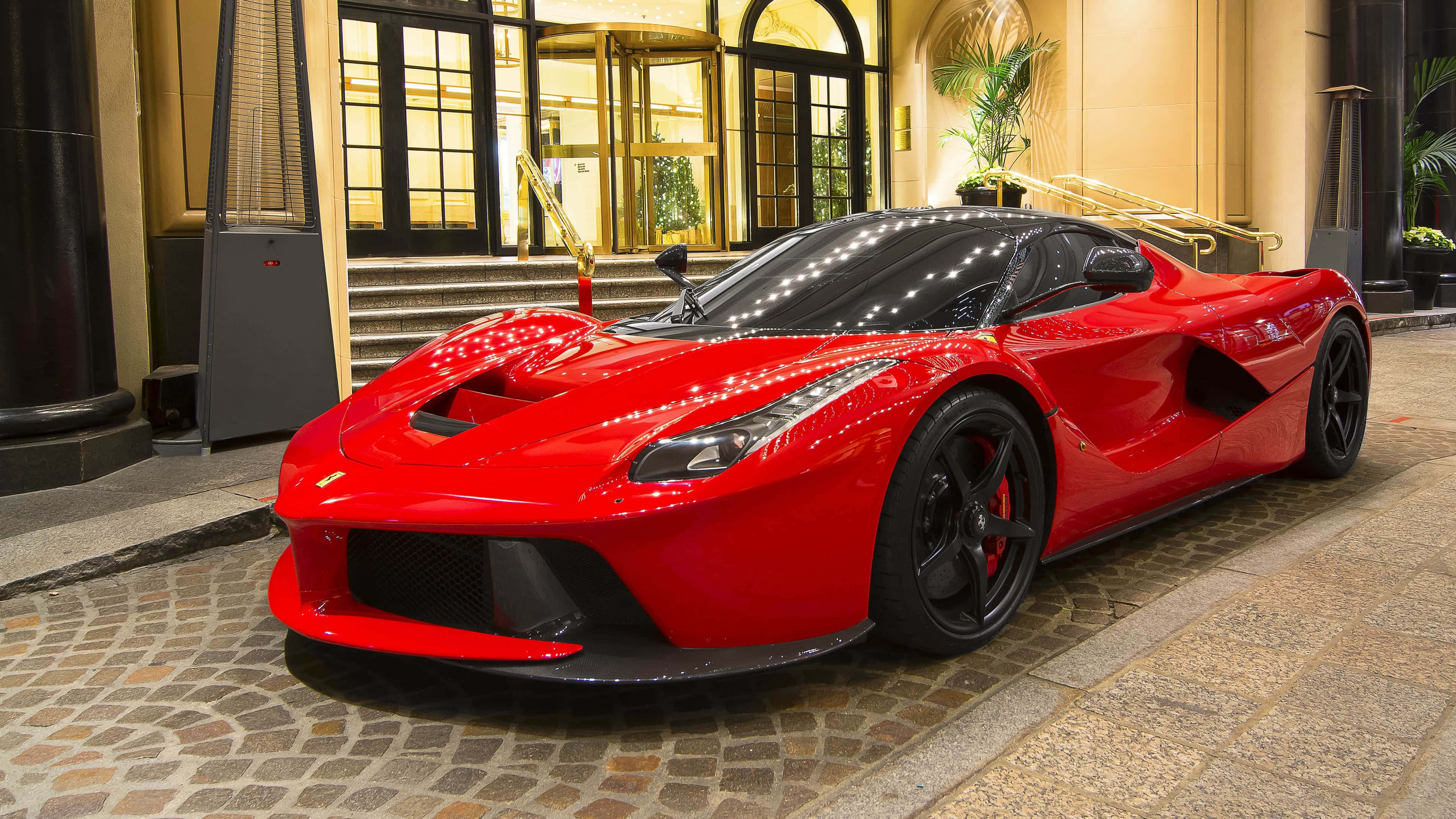 Ferrari LaFerrari, glossy red, cobblestone driveway, 4K Desktop Wallpaper