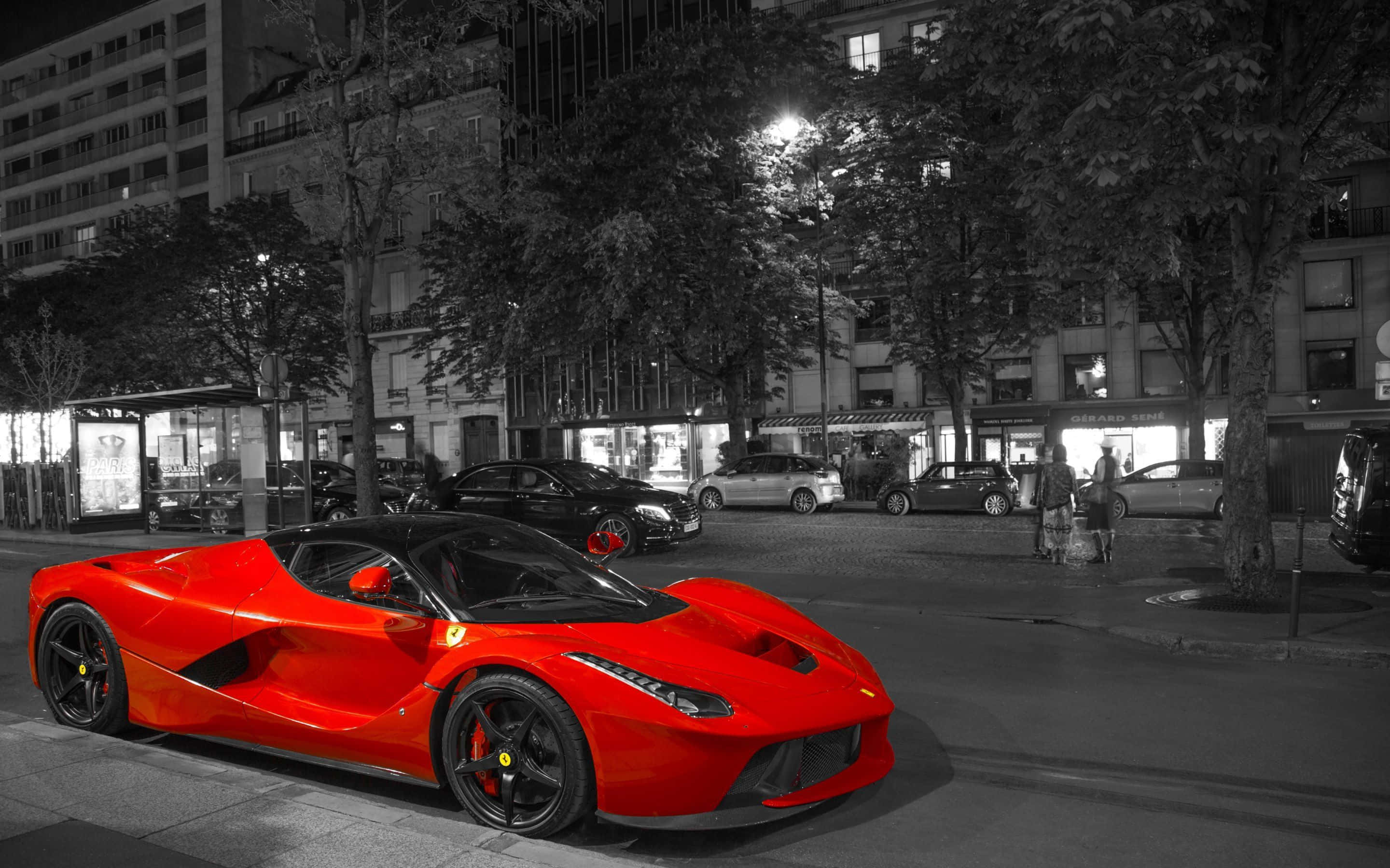 Ferrari LaFerrari, vibrant red, city street, 2K Desktop Wallpaper