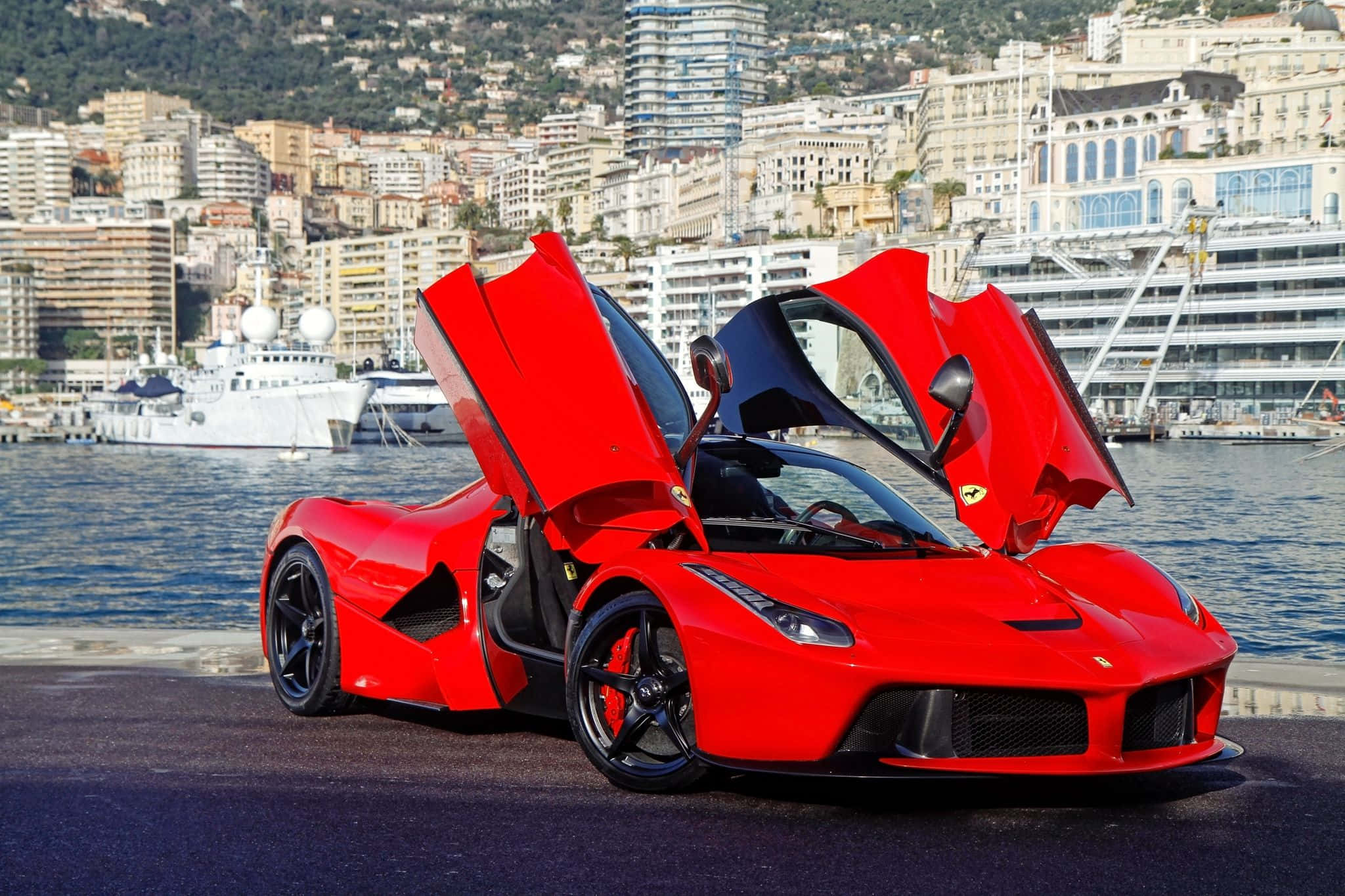 Ferrari LaFerrari, red, scissor doors, Full HD Desktop Wallpaper