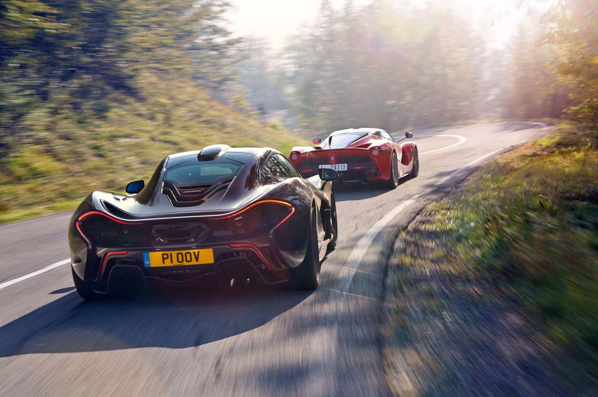 Ferrari LaFerrari, winding forest road, golden sunlight, Full HD Desktop Wallpaper