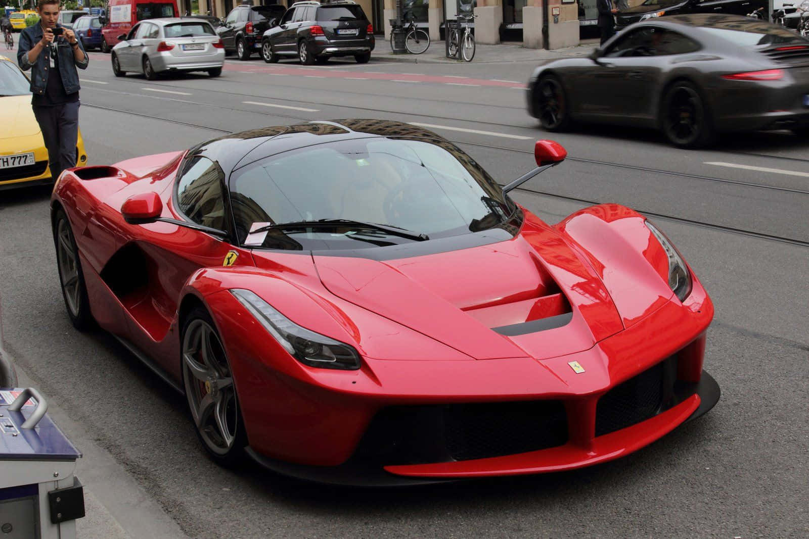 Ferrari LaFerrari, vibrant red, busy city street, HD Desktop Wallpaper