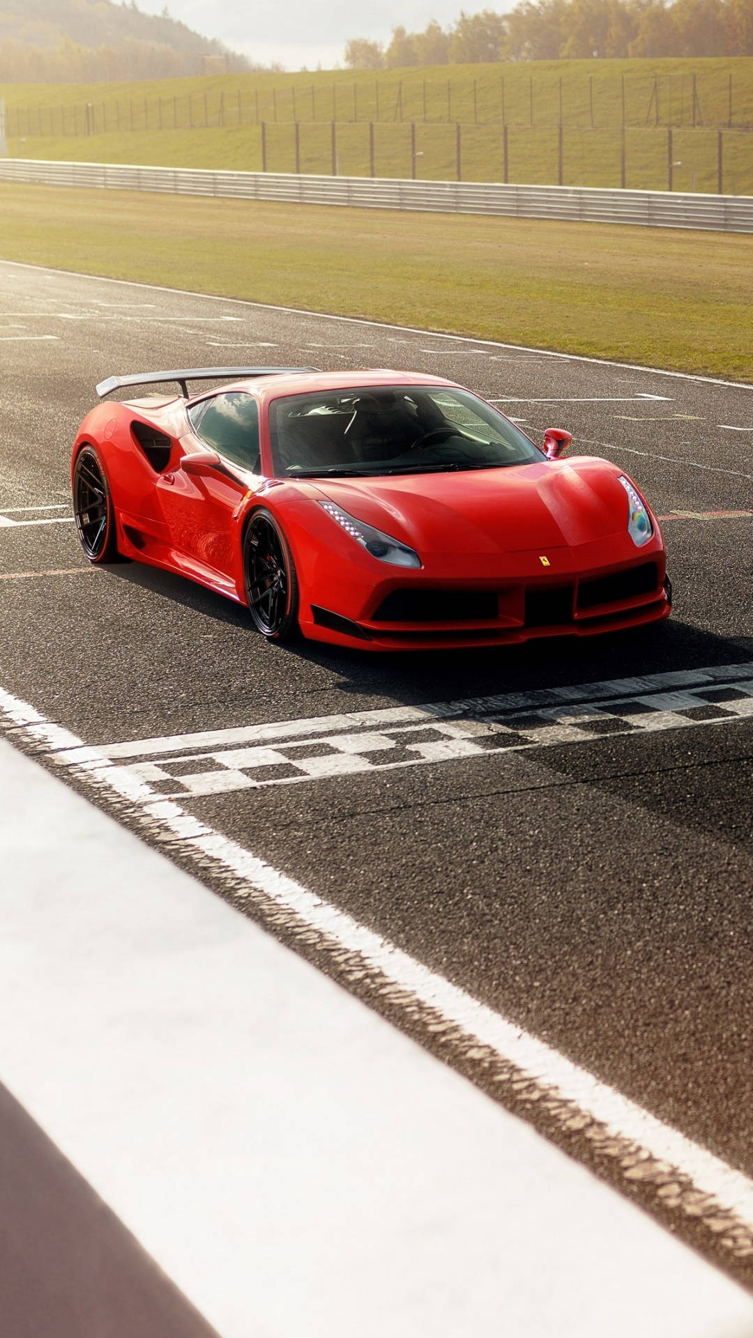 488 Ferrari, checkered finish line, sunlit racetrack, Full HD Phone Wallpaper