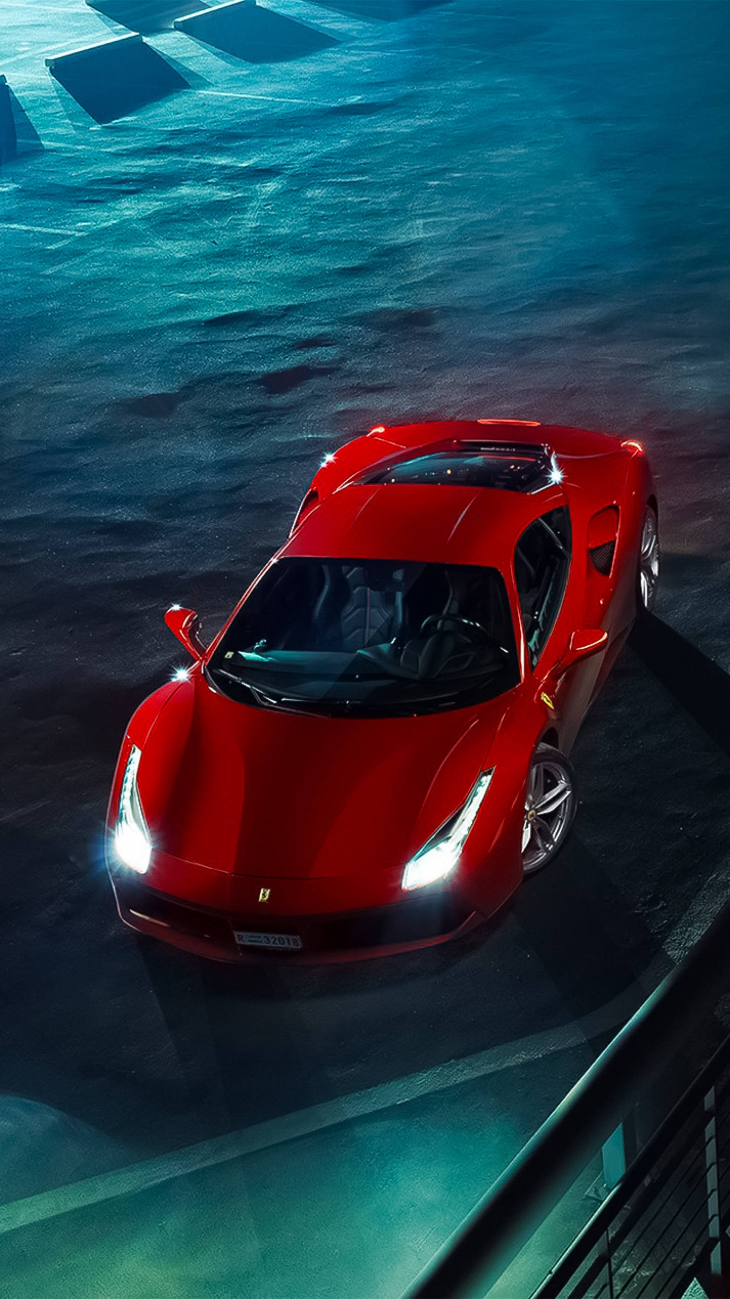 Ferrari, red, wet urban rooftop, 2K Phone Wallpaper