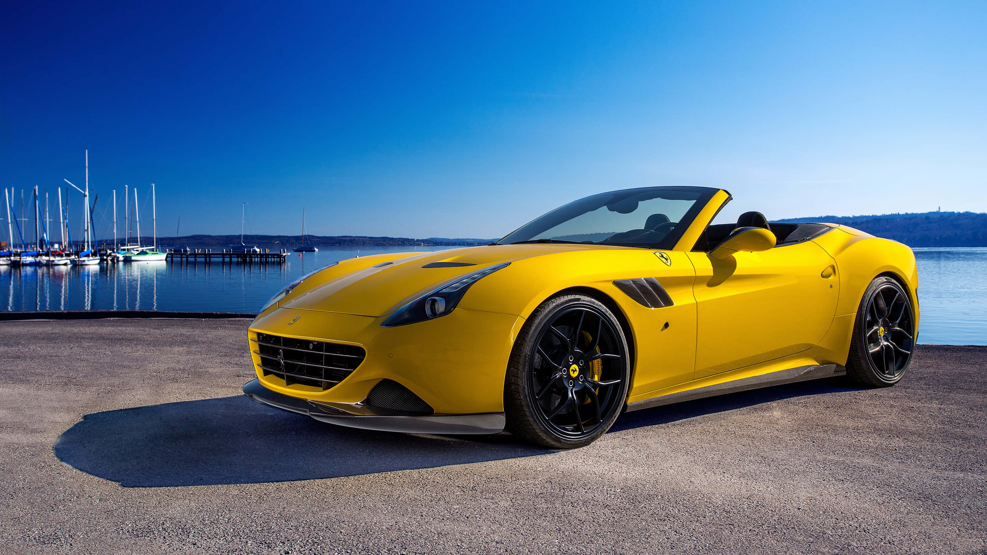Ferrari Portofino, vibrant yellow, pier, 4K Desktop Wallpaper