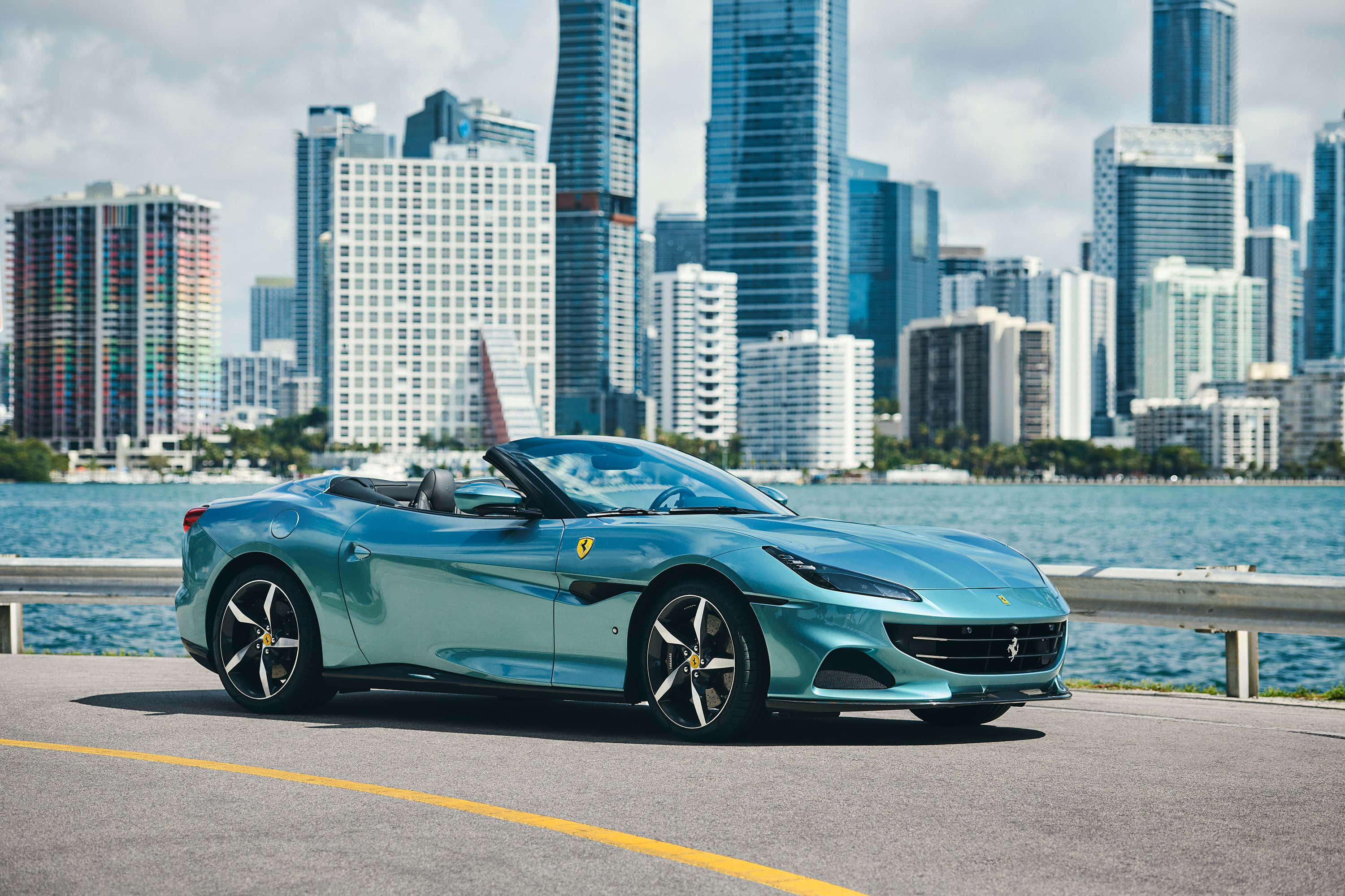 Ferrari Portofino, turquoise, waterfront road, 2K Desktop Wallpaper