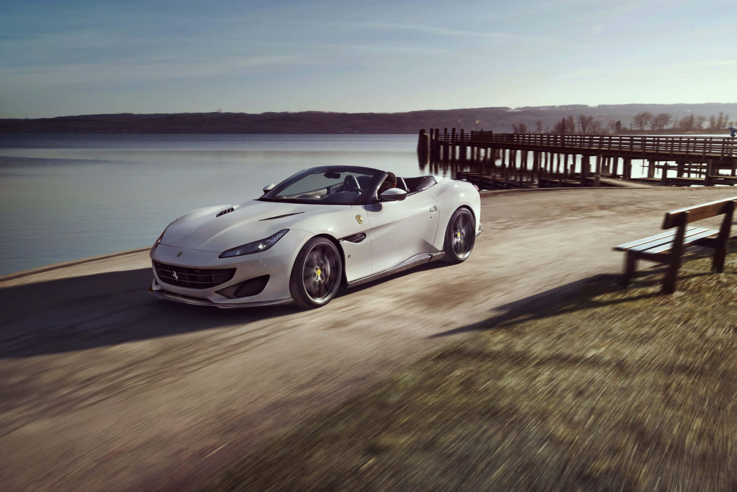 Ferrari Portofino, convertible, lakeside path, 2K Desktop Wallpaper