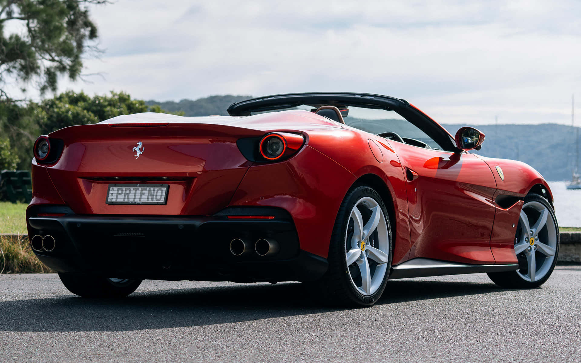 Ferrari Portofino, glossy red, coastal road, Full HD Desktop Wallpaper