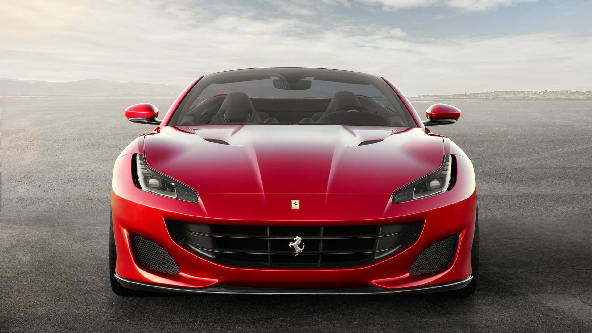 Ferrari Portofino, glossy red, gray asphalt expanse, Full HD Desktop Wallpaper