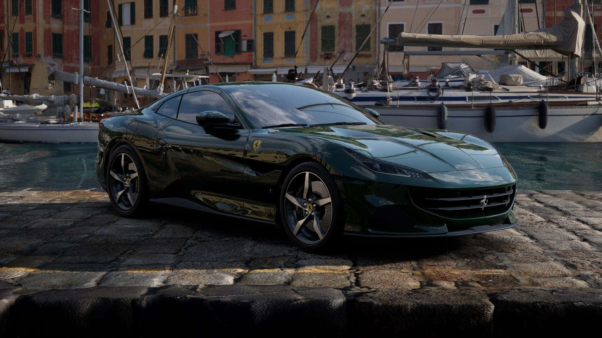 Ferrari Portofino, green, stone dock, Full HD Desktop Wallpaper