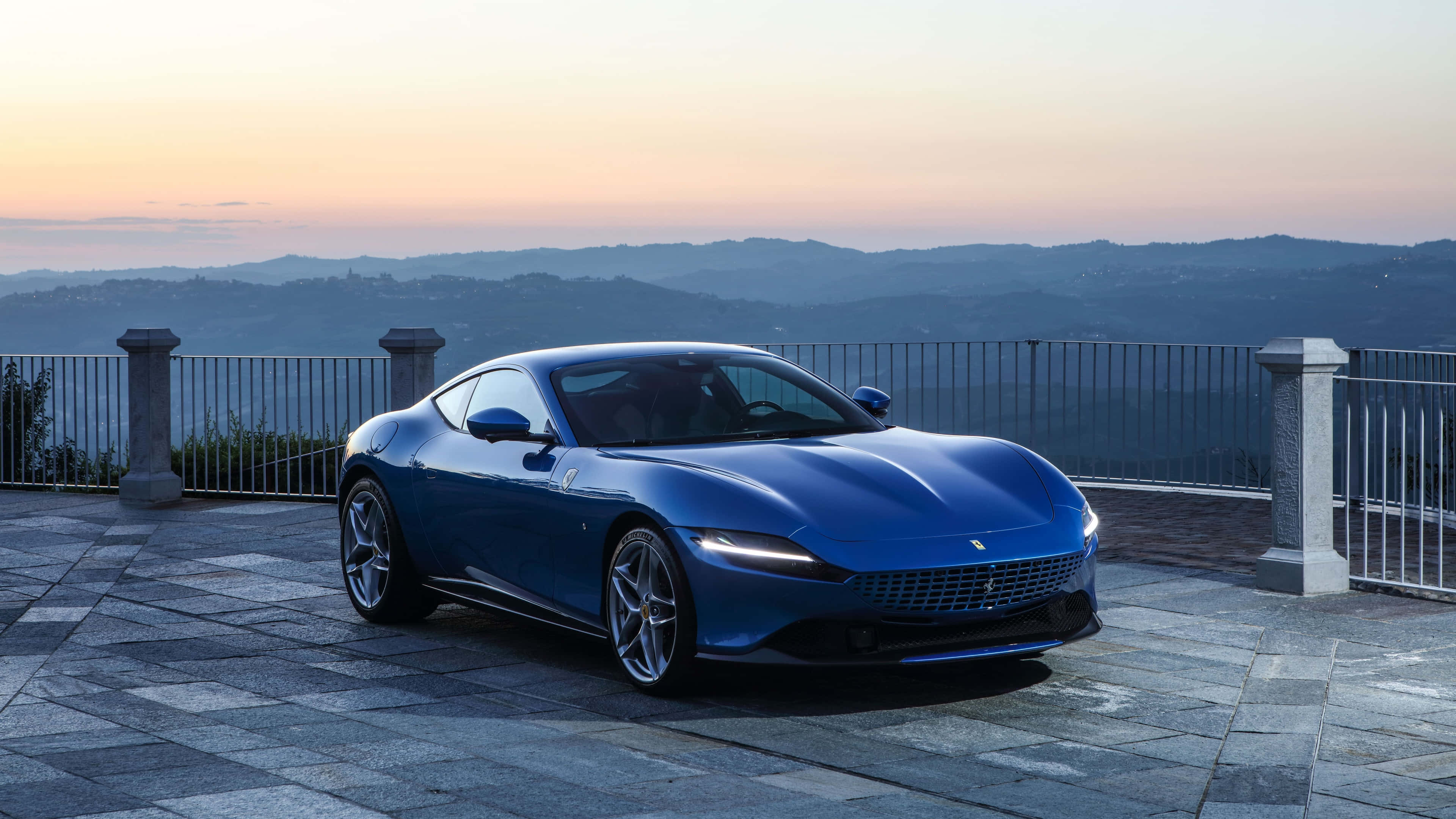 Ferrari Roma, blue, stone terrace, 4K Desktop Wallpaper