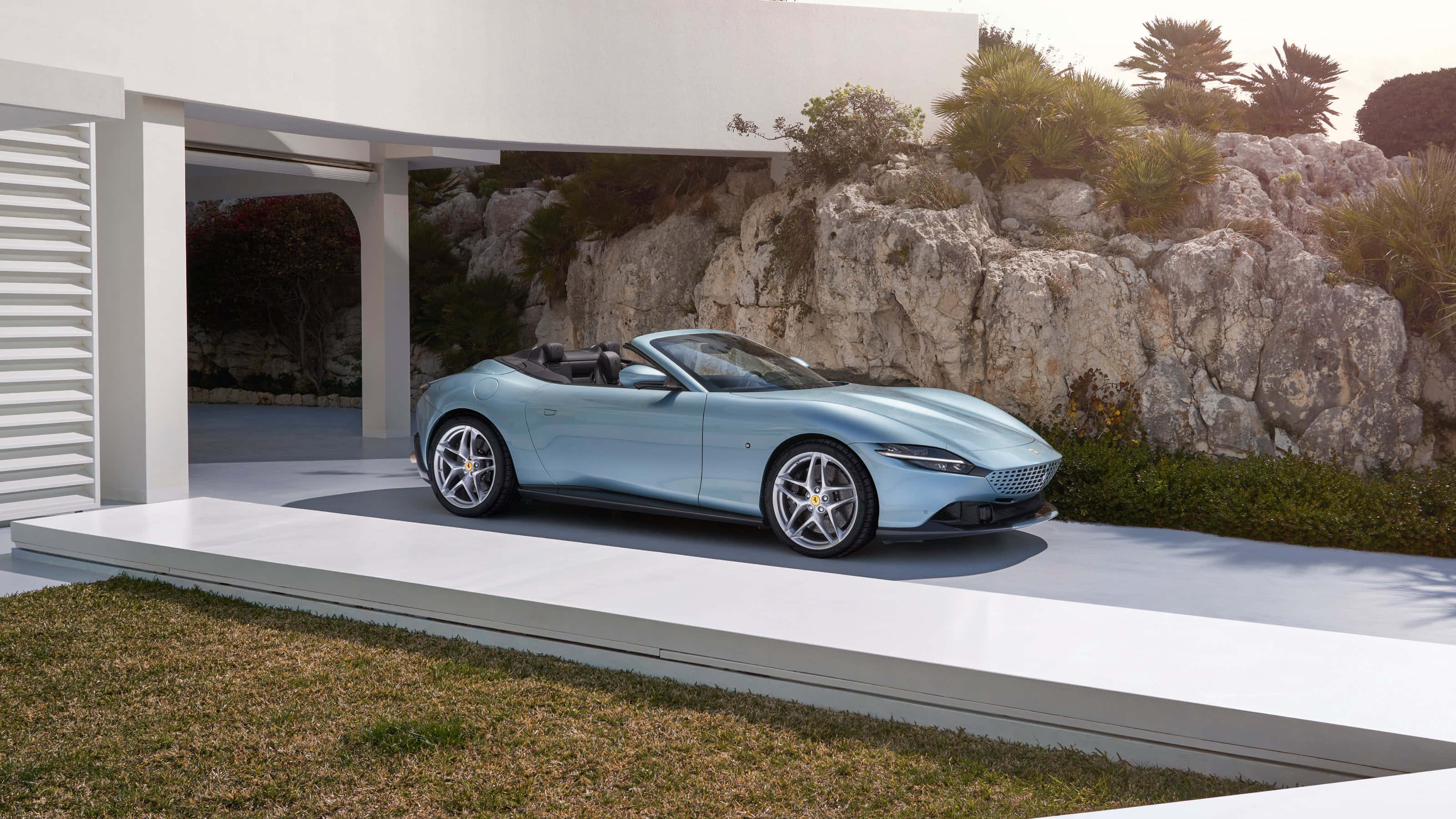 Ferrari Roma, light blue, convertible, 2K Desktop Wallpaper