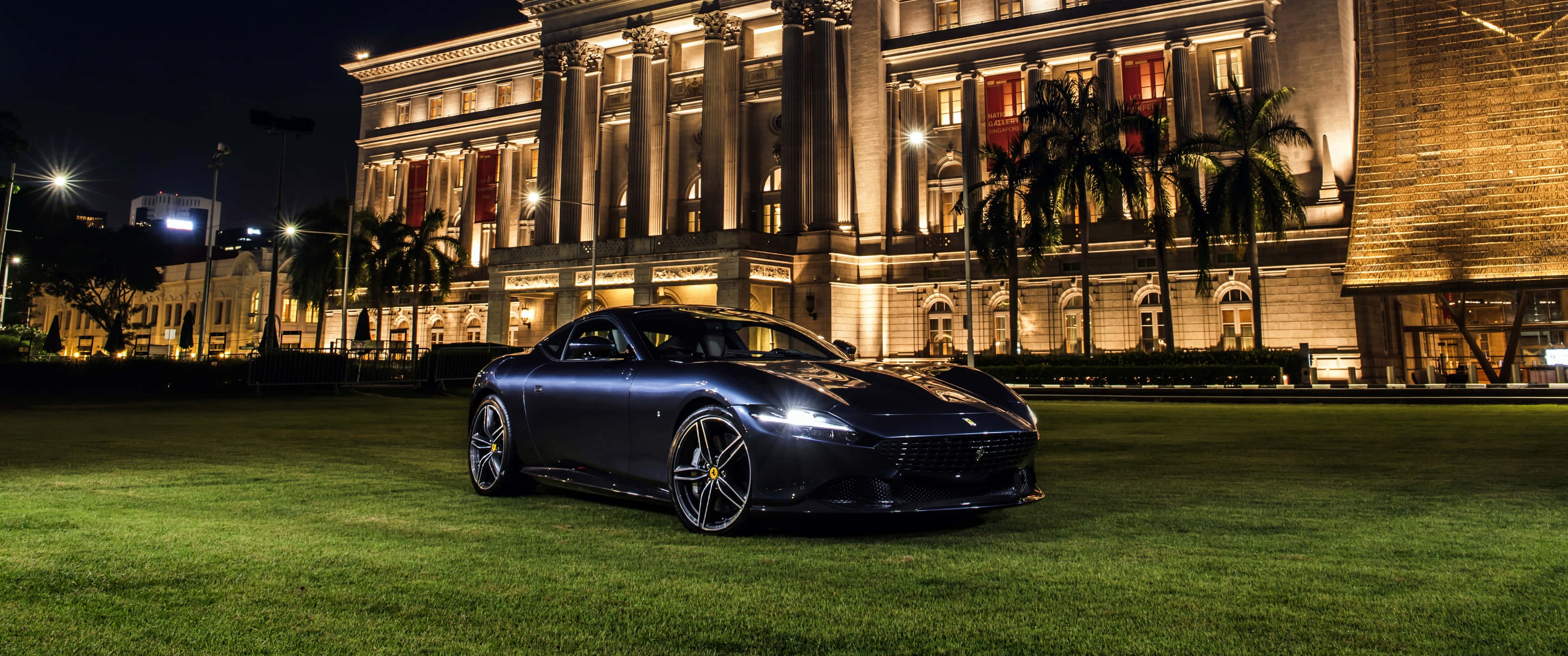 Ferrari Roma, dark blue, night lights, 2K Desktop Wallpaper