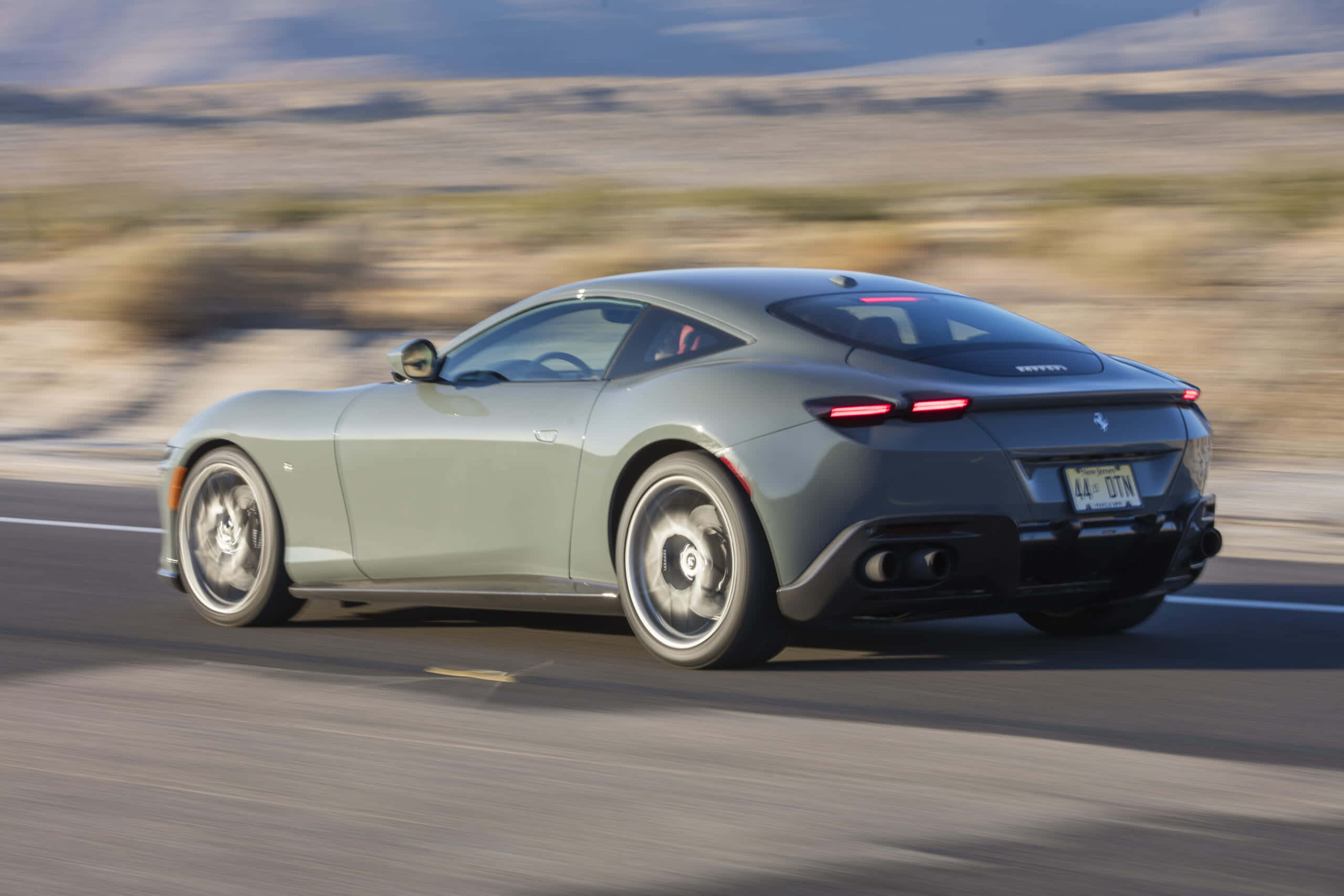 Ferrari Roma, desert highway, sleek gray, 2K Desktop Wallpaper