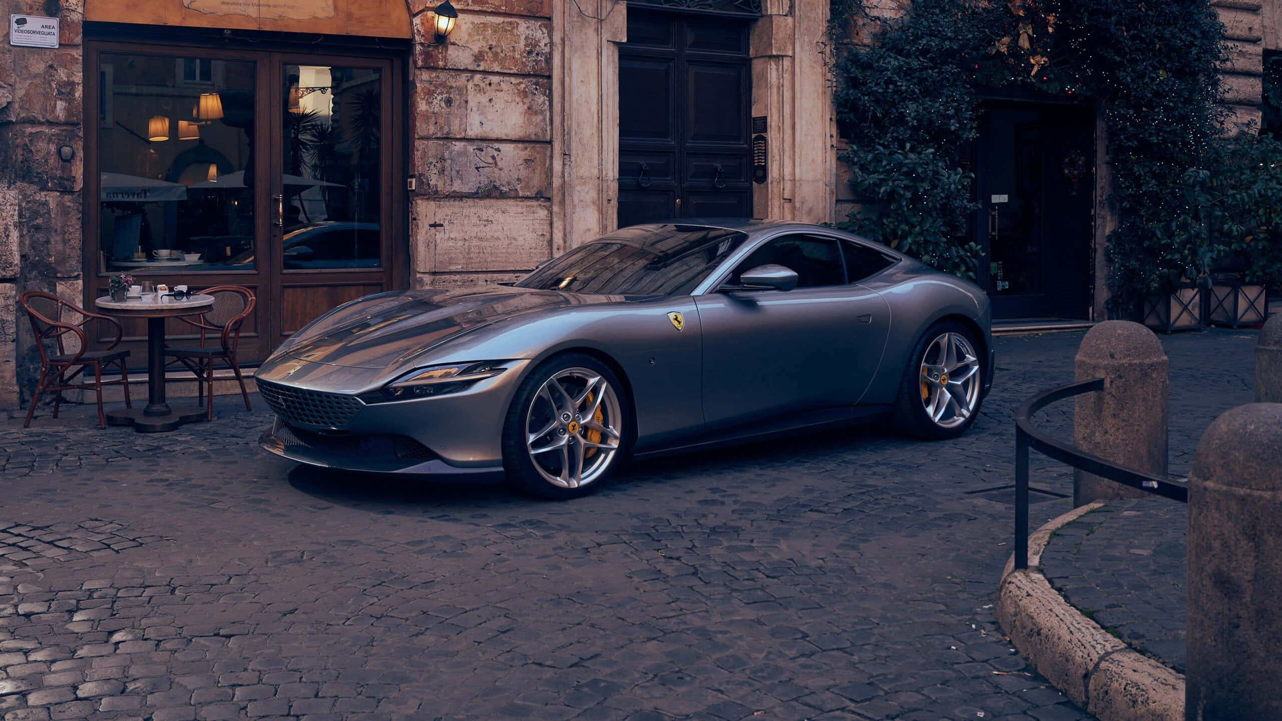 Ferrari Roma, silver, cobblestone street, 2K Desktop Wallpaper