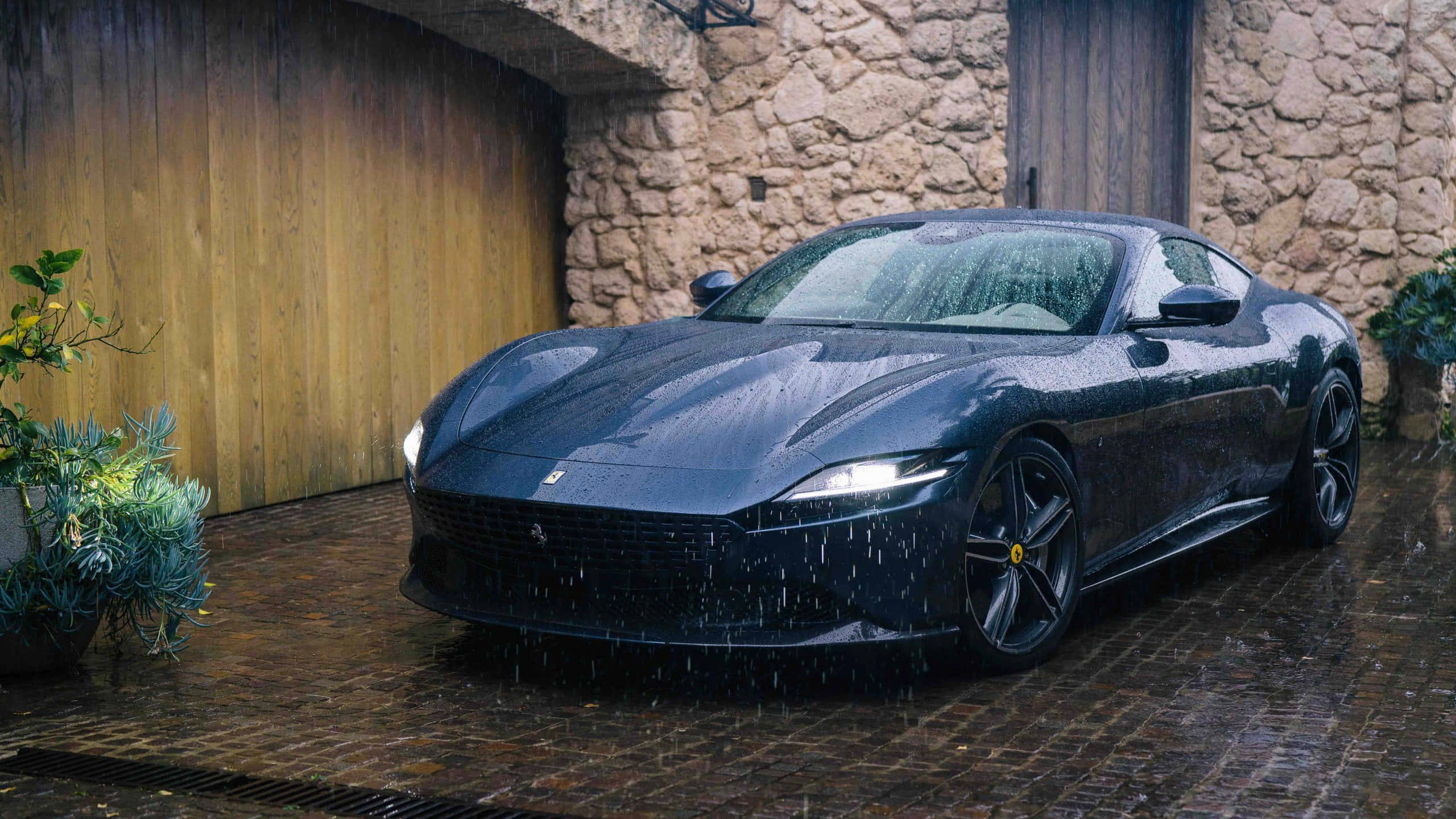 Ferrari Roma, black, raindrops, 2K Desktop Wallpaper