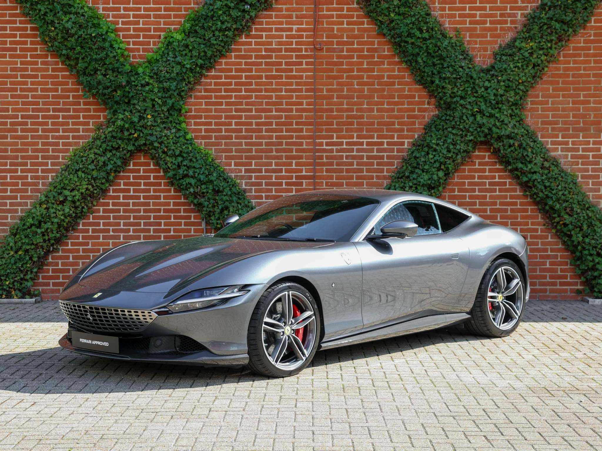 Ferrari Roma, silver, brick-paved courtyard, Full HD Desktop Wallpaper