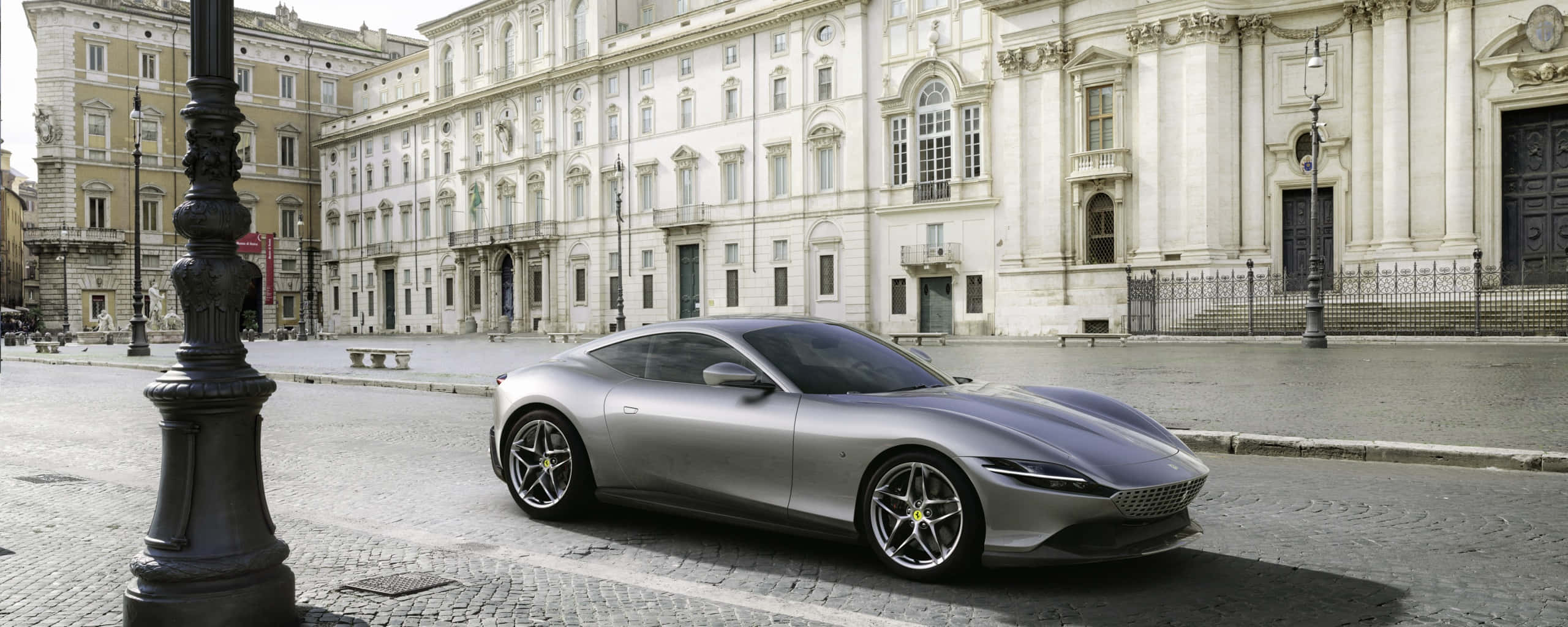 Ferrari Roma, silver, cobblestone street, 2K Desktop Wallpaper