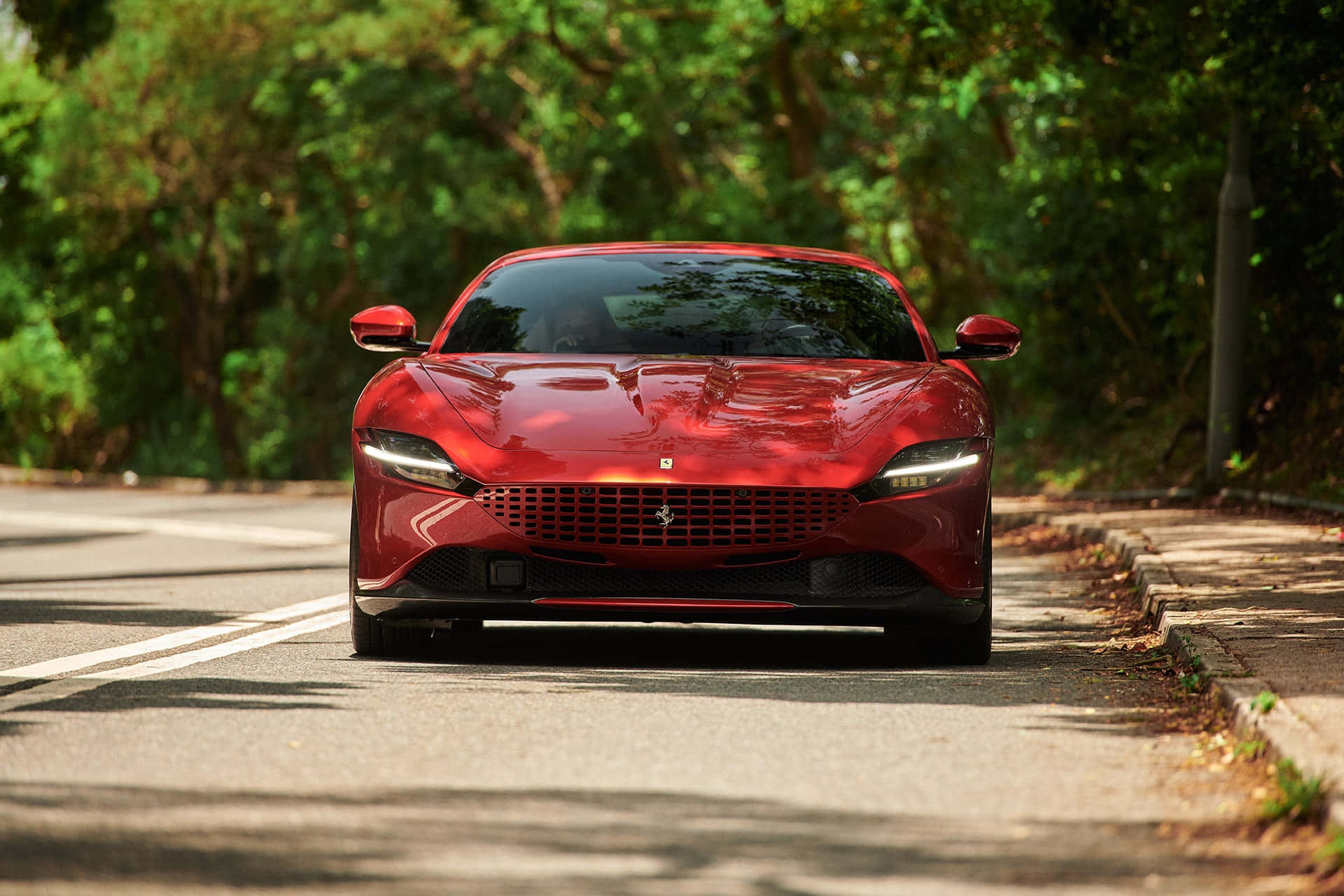Ferrari Roma, glossy red, tree-lined road, Full HD Desktop Wallpaper