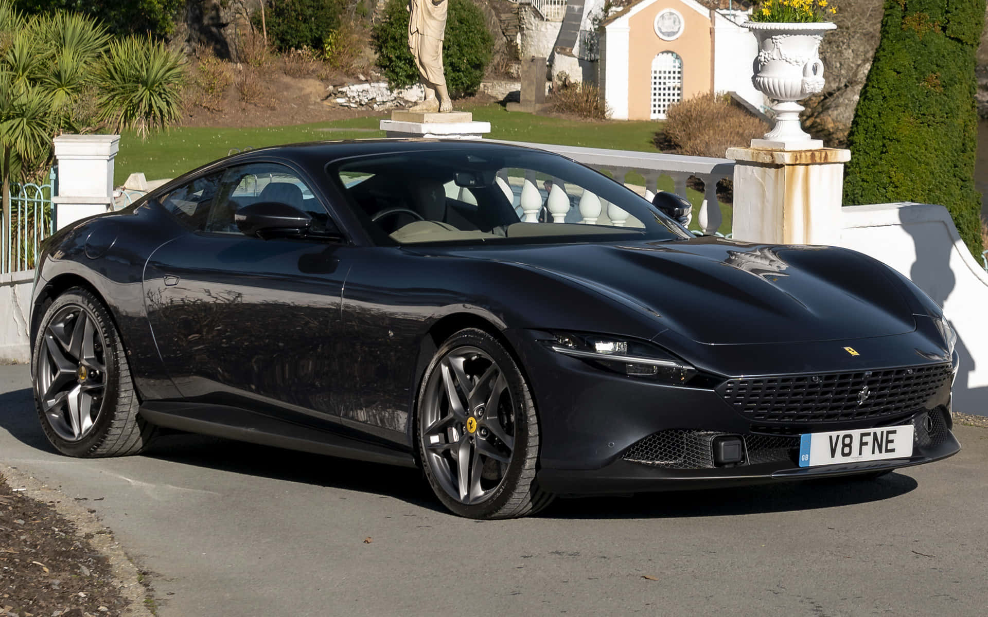 Ferrari Roma, black, sunlit driveway, Full HD Desktop Wallpaper
