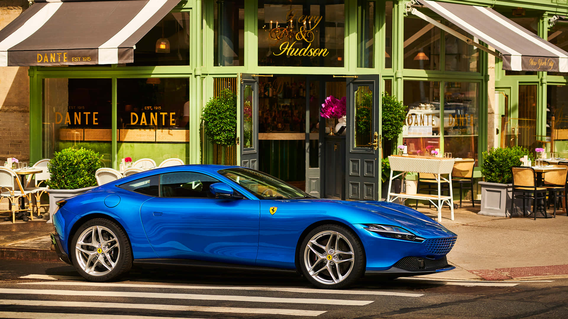 Ferrari Roma, vibrant blue, sunny street, Full HD Desktop Wallpaper