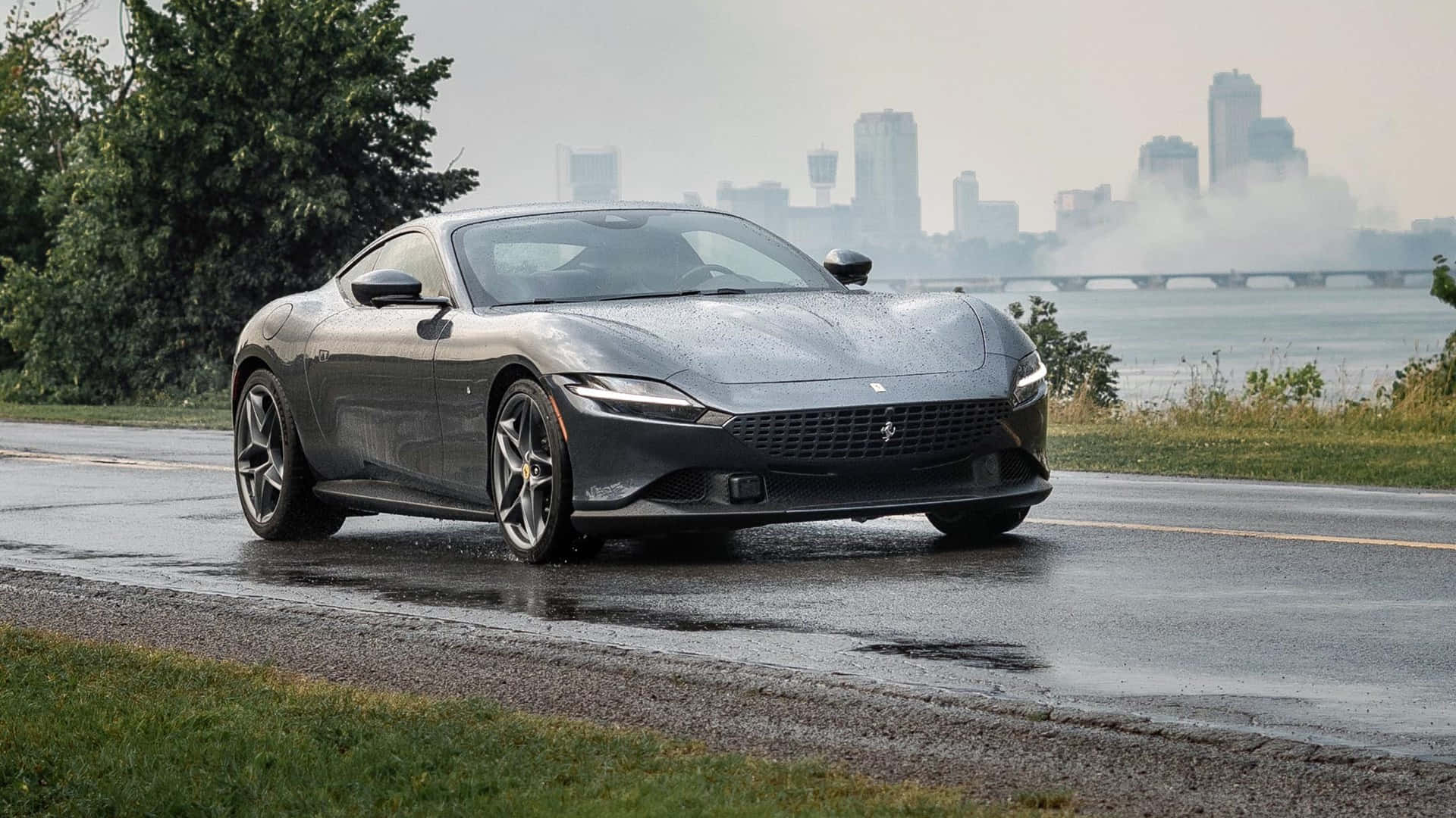 Ferrari Roma, gray, wet road, Full HD Desktop Wallpaper
