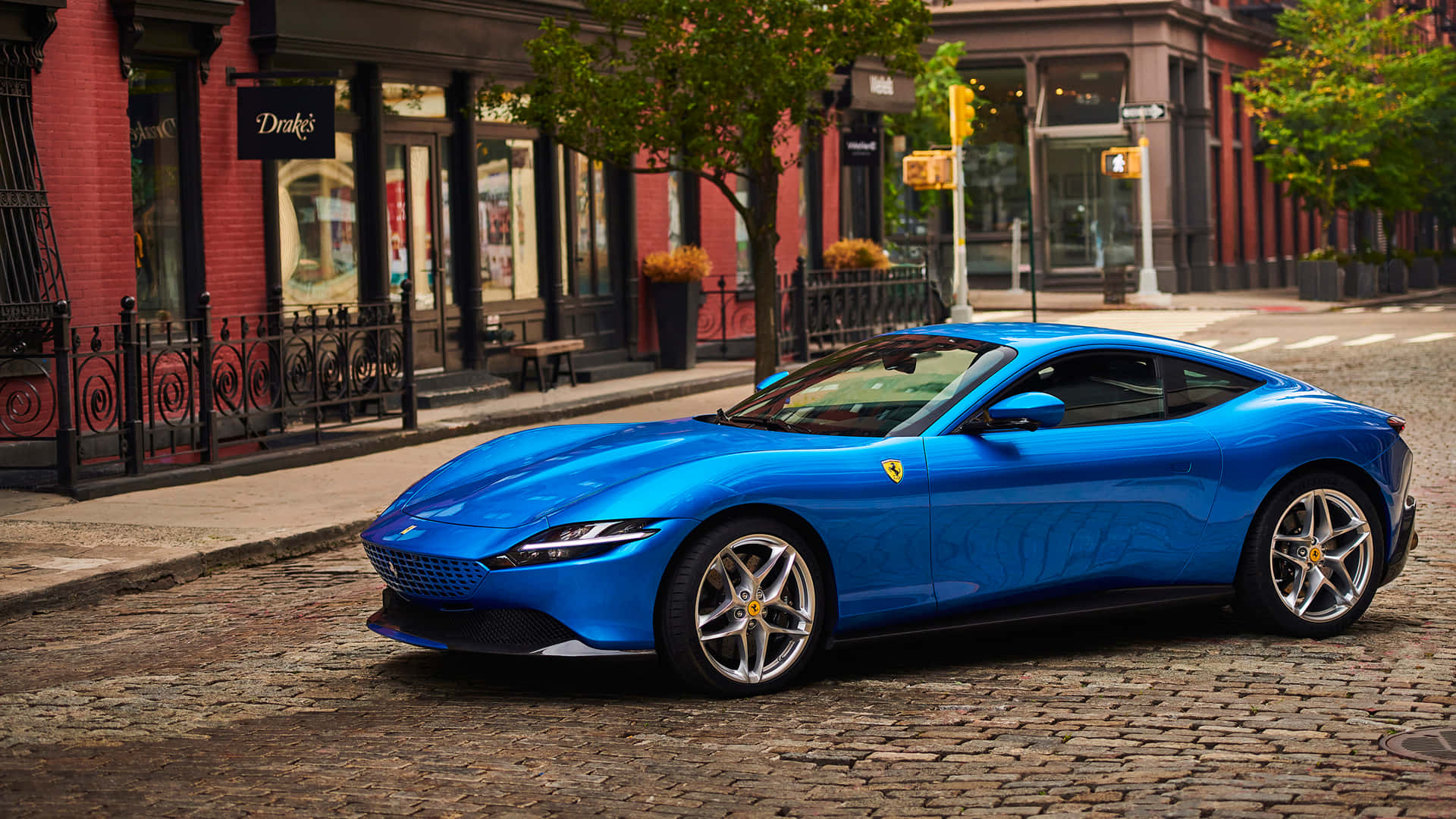 Ferrari Roma, vibrant blue, cobblestone street, Full HD Desktop Wallpaper