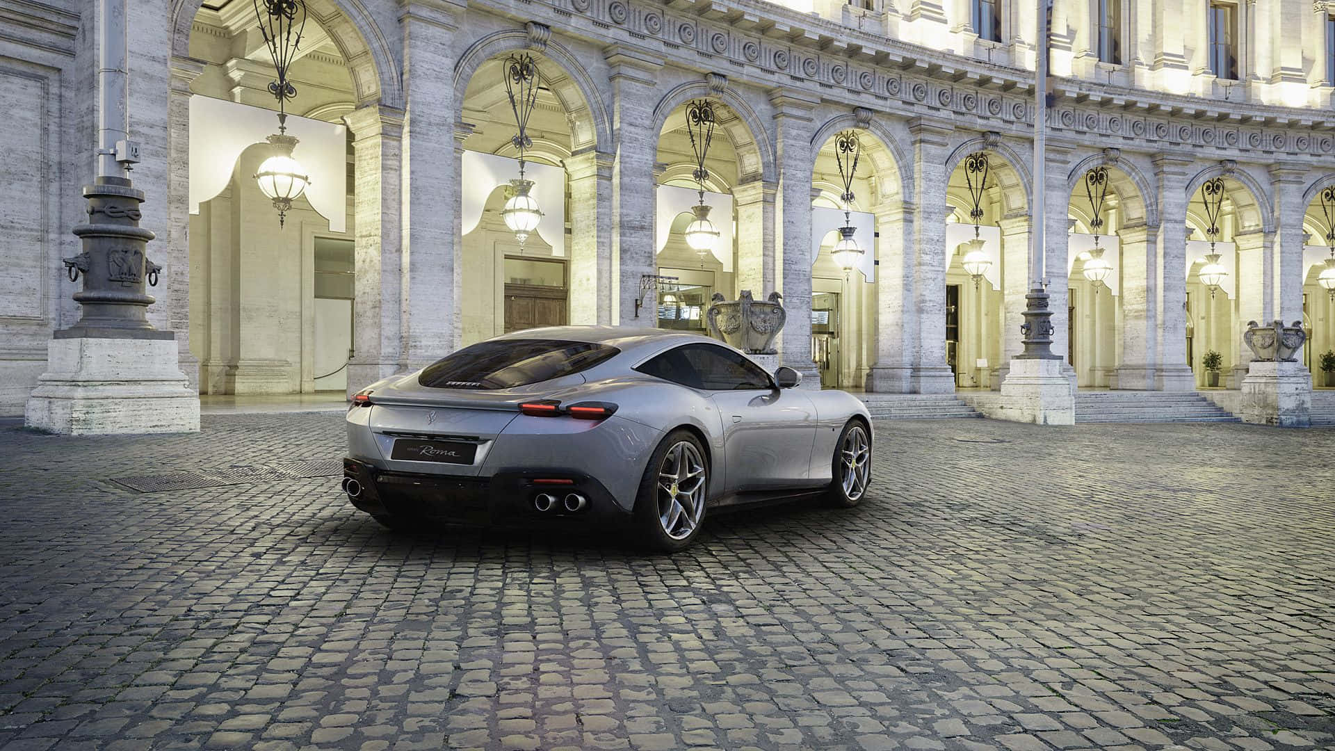 Ferrari Roma, silver, cobblestone courtyard, Full HD Desktop Wallpaper