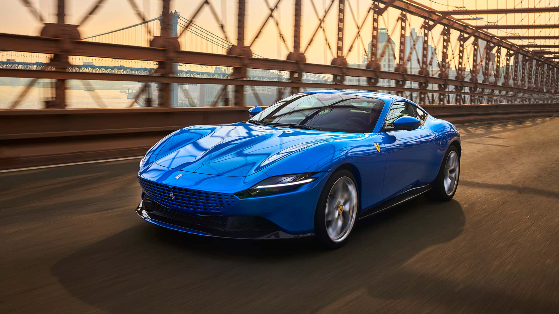 Ferrari Roma, vibrant blue, steel bridge, Full HD Desktop Wallpaper