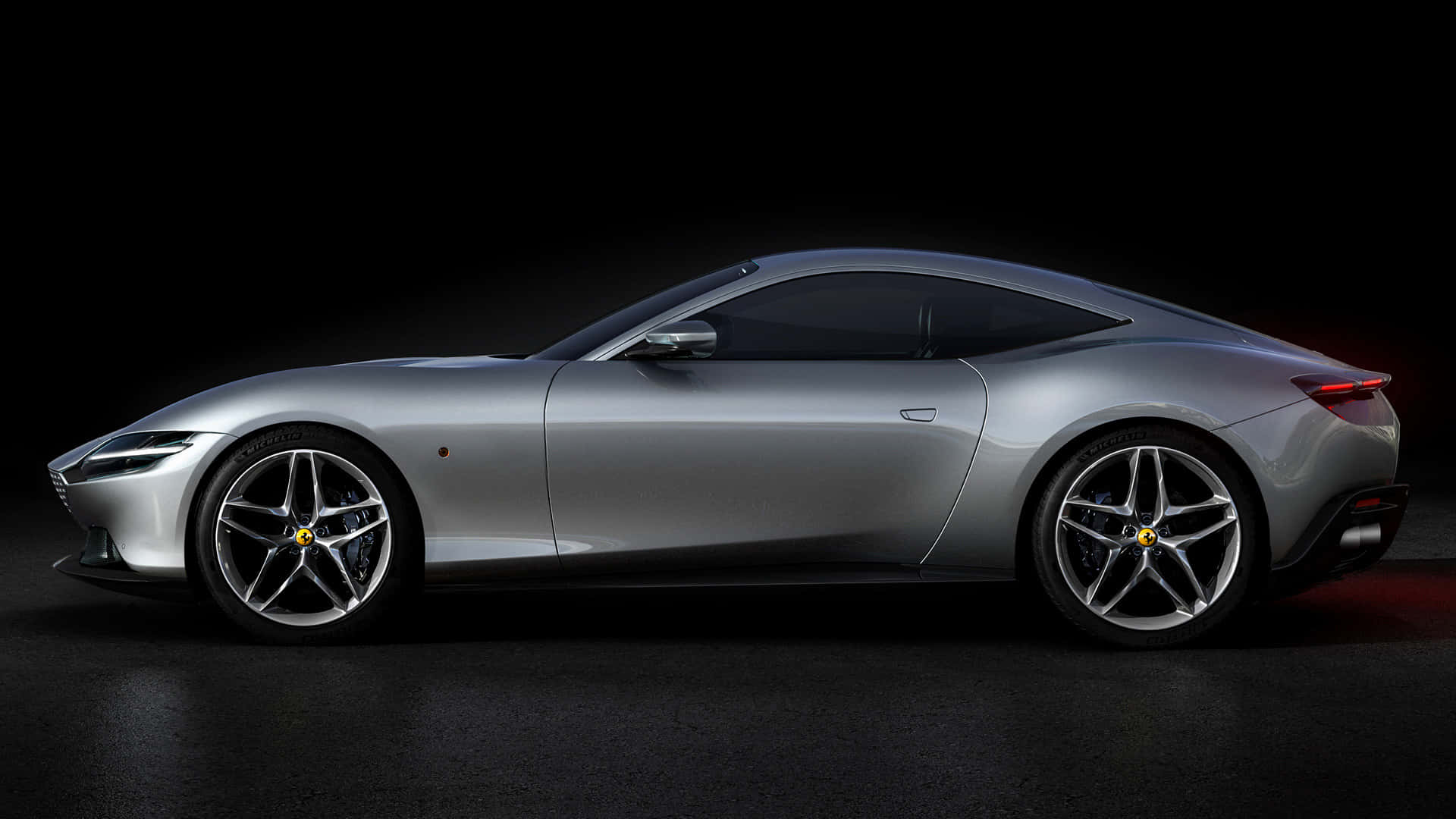 Ferrari Roma, silver, stark black studio backdrop, Full HD Desktop Wallpaper
